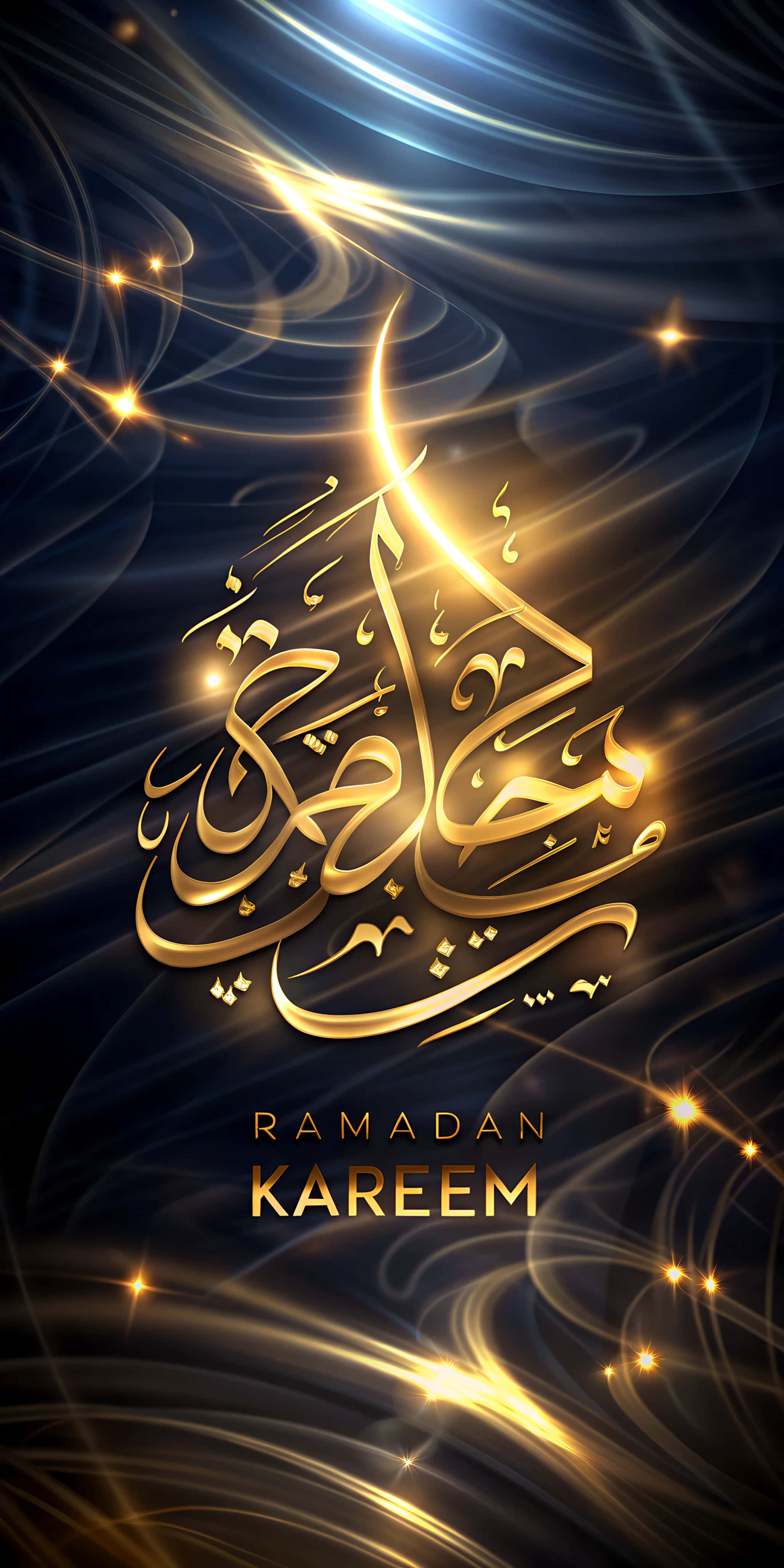 Ramadan Kareem tekst på arabisk og engelsk med gylden glød på elegant abstrakt baggrund Wallpapers