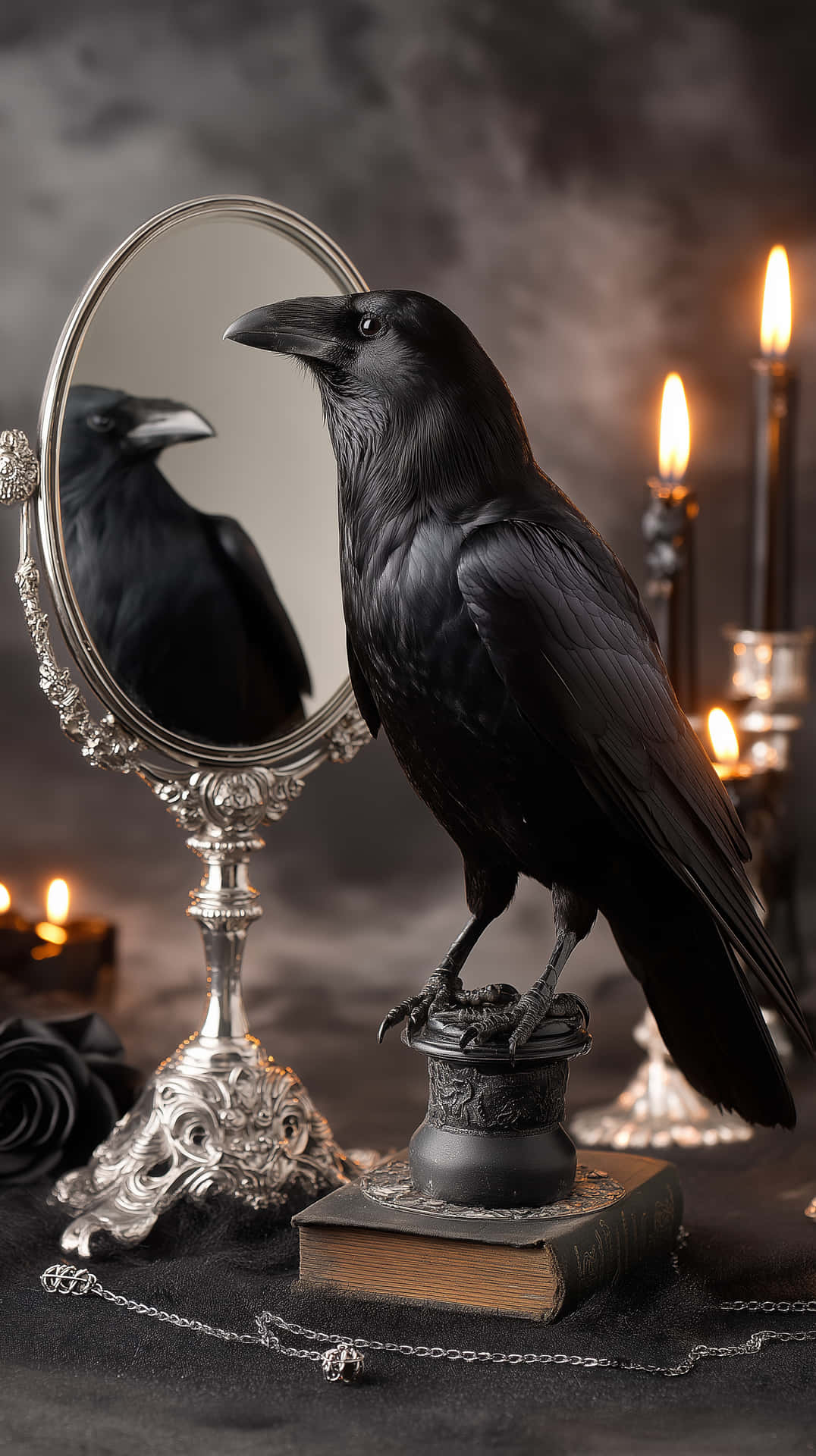 ravn,gotisk,spejl,stearinlys,mystisk,dark academia,vintage,fantasi,fugl,hekseri,fortryllende,stemningsfuld,stilleben,ornamentalt,refleksion
