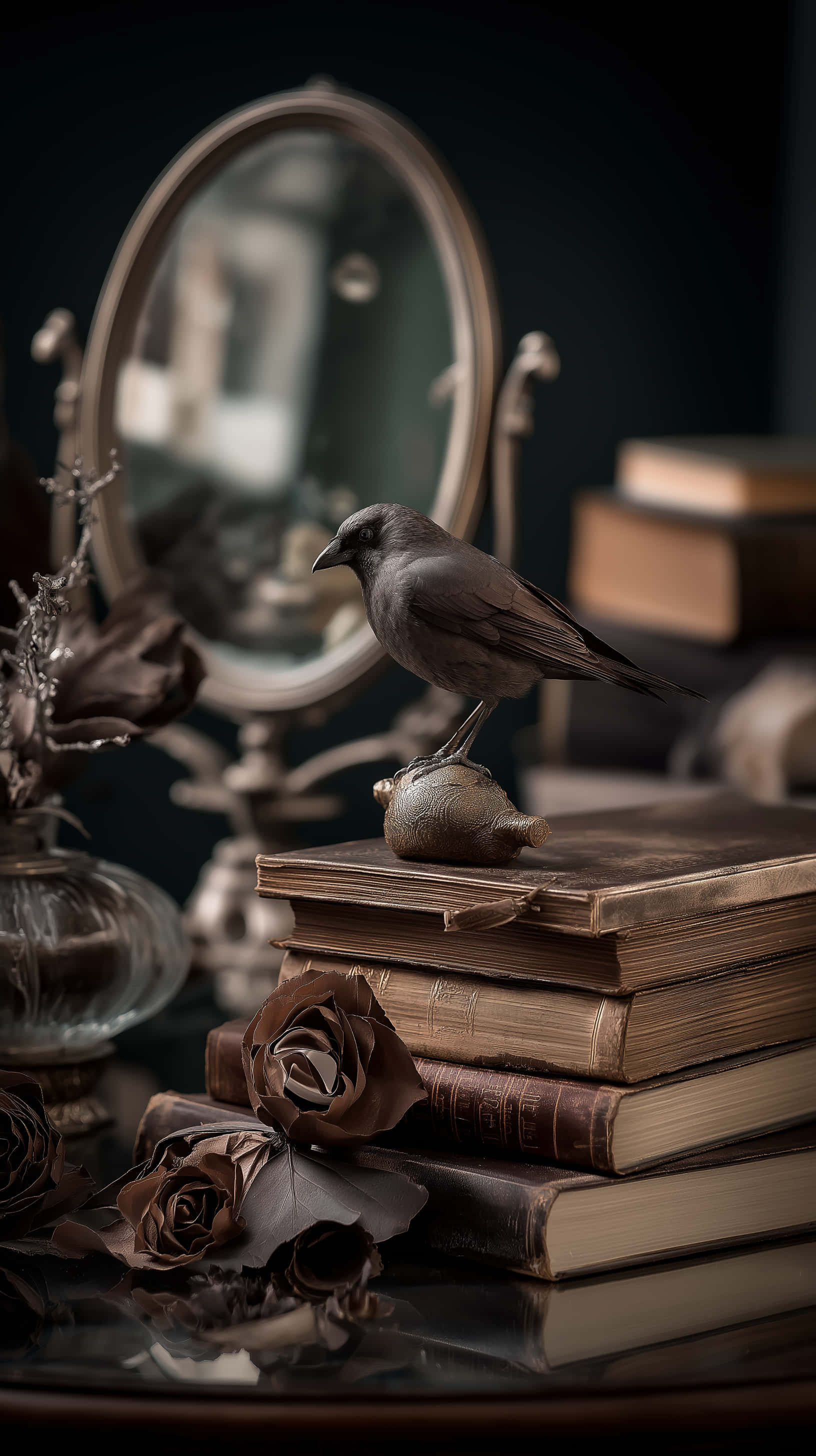 Ravn og vintage ornamenter på bøger i svagt lys Wallpapers