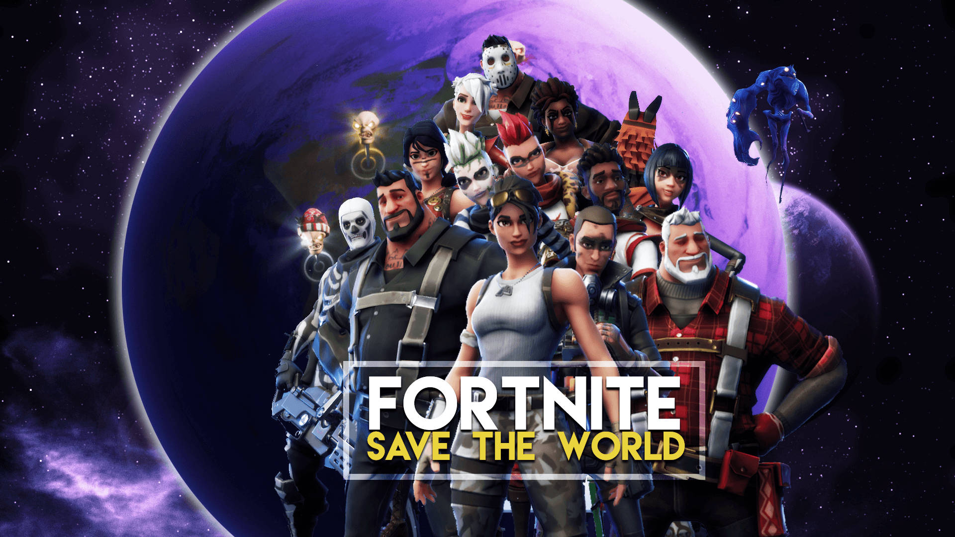 Fortnite-samling af flere karakterer fra Save The World-tilstanden med planetbaggrund. — Fortnite Wallpapers