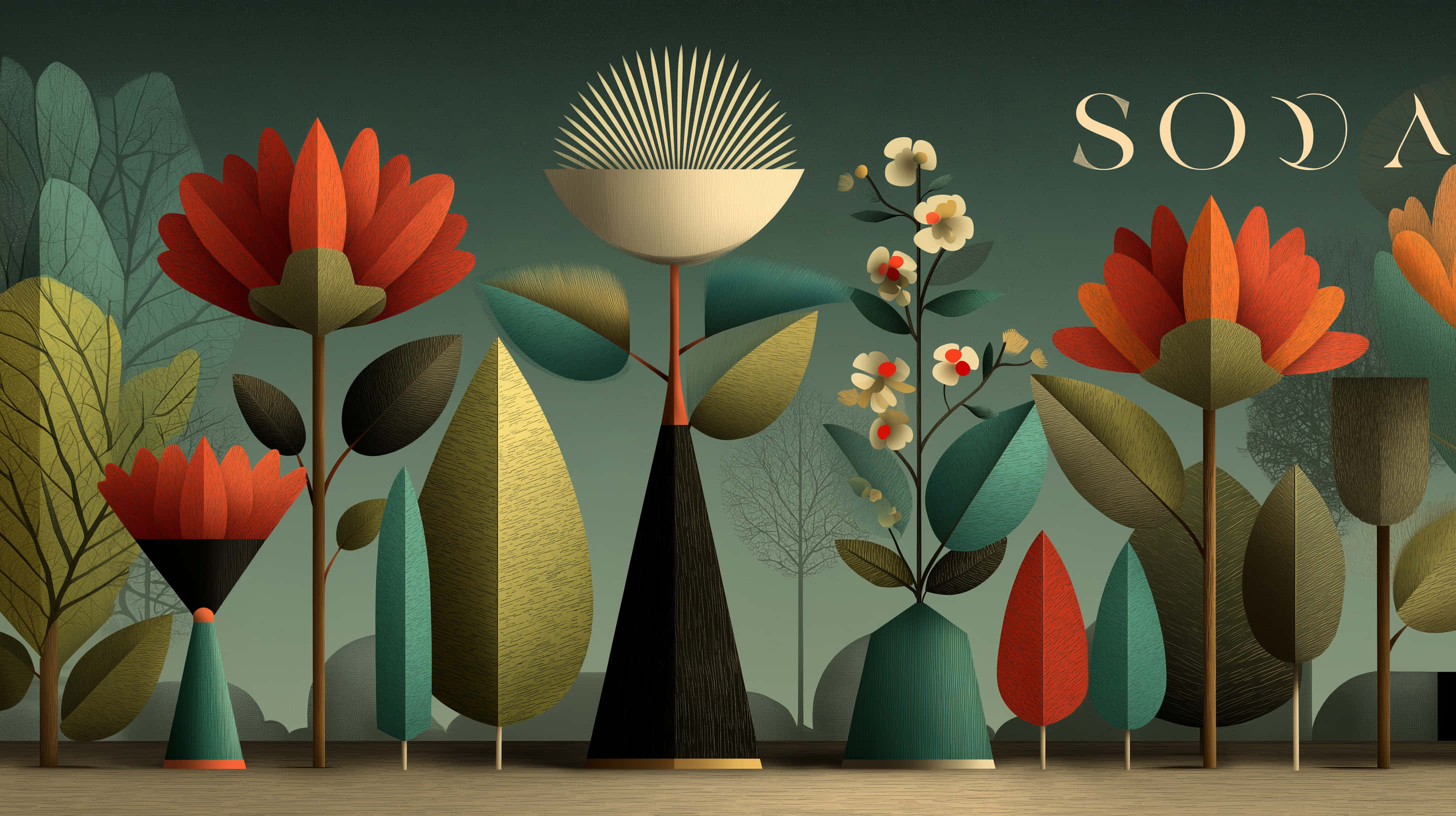 Retro Floral Mid-Century Modern Kunstillustration Wallpapers