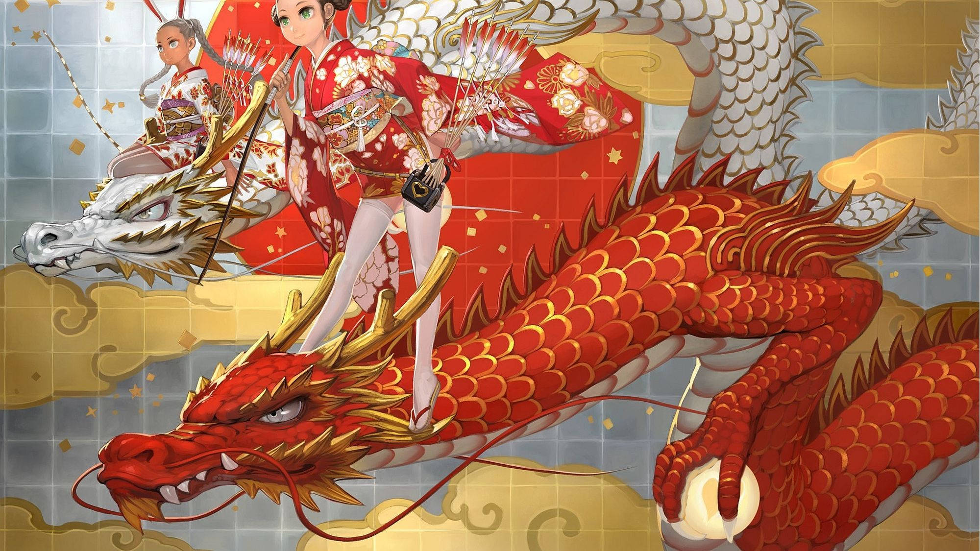 Rød og hvid japansk drage PC Wallpapers