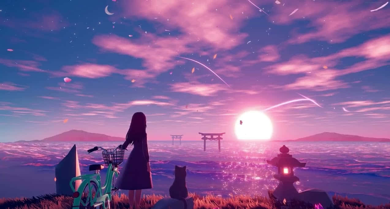 Rolig animepige ser på himlen Wallpapers