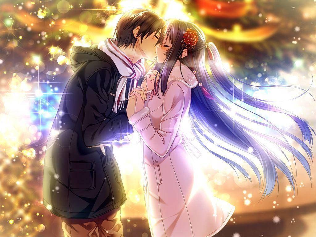 Romantisk anime kys mens de holder i hånd Wallpapers