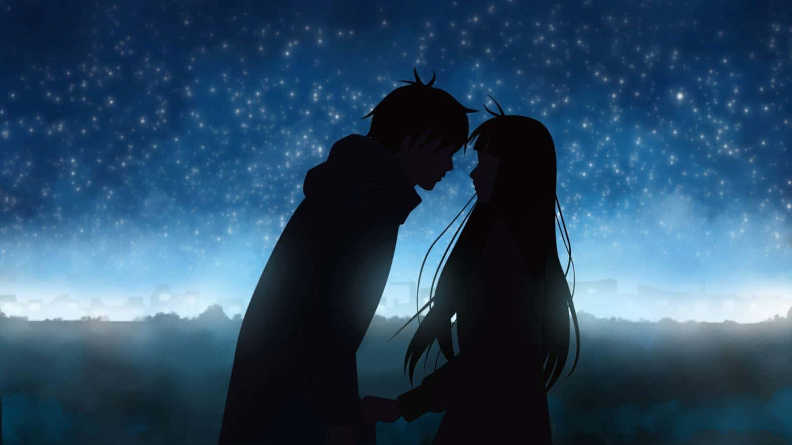 Romantisk anime-par silhuet mod blå nattehimmel Wallpapers