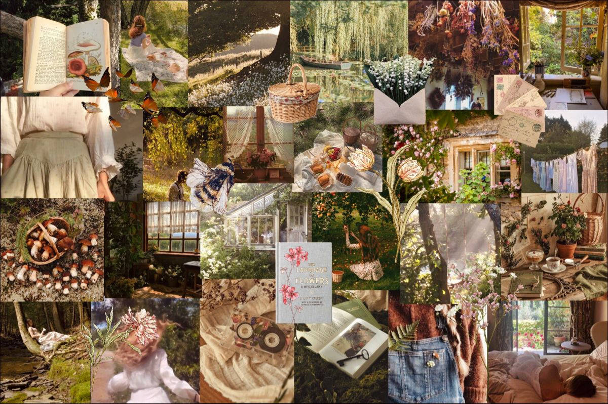 Romantisk landskabscollage Cottagecore skrivebord Wallpapers
