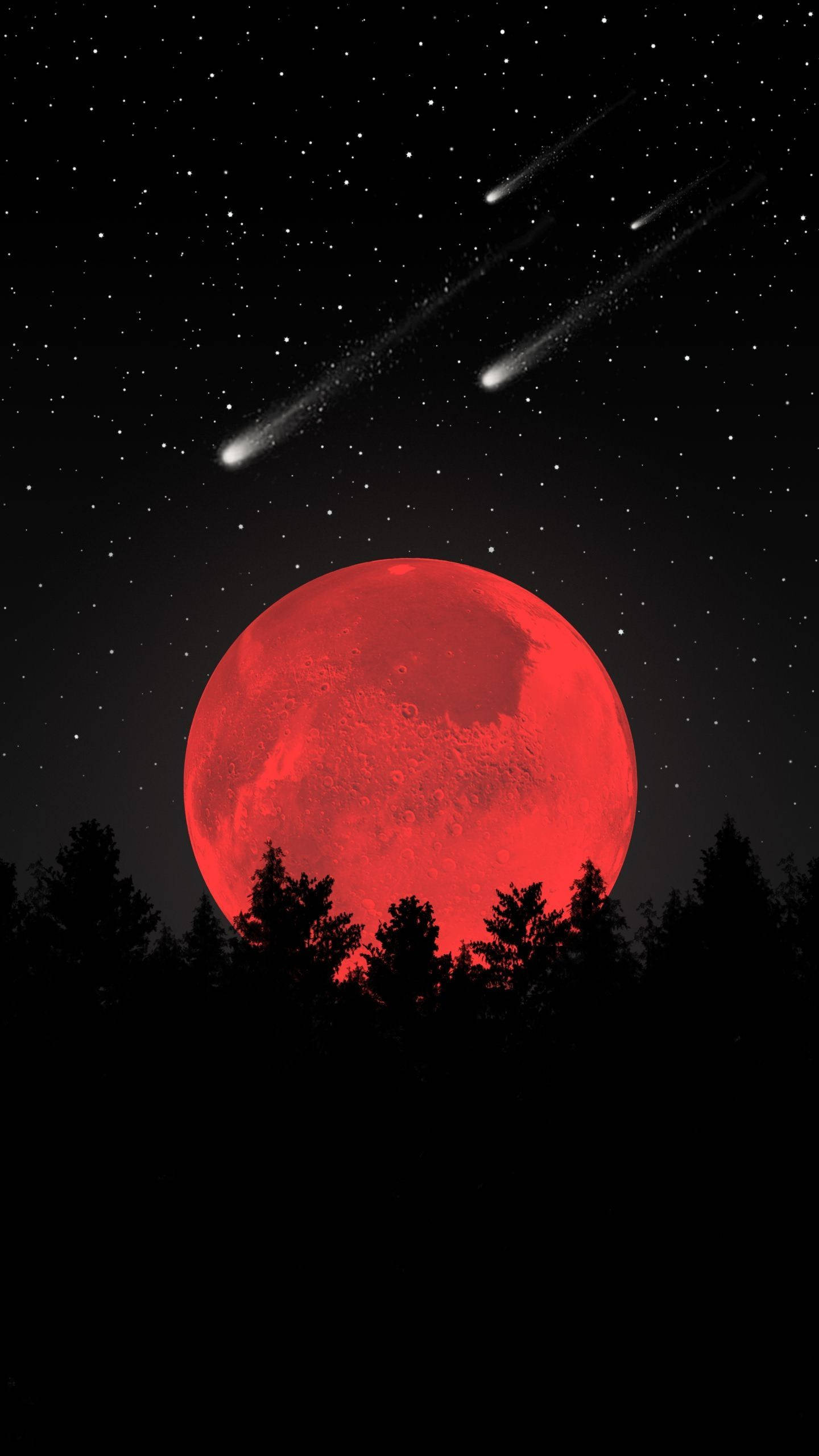 Rumæstetik Rød Måne og Meteor Wallpapers