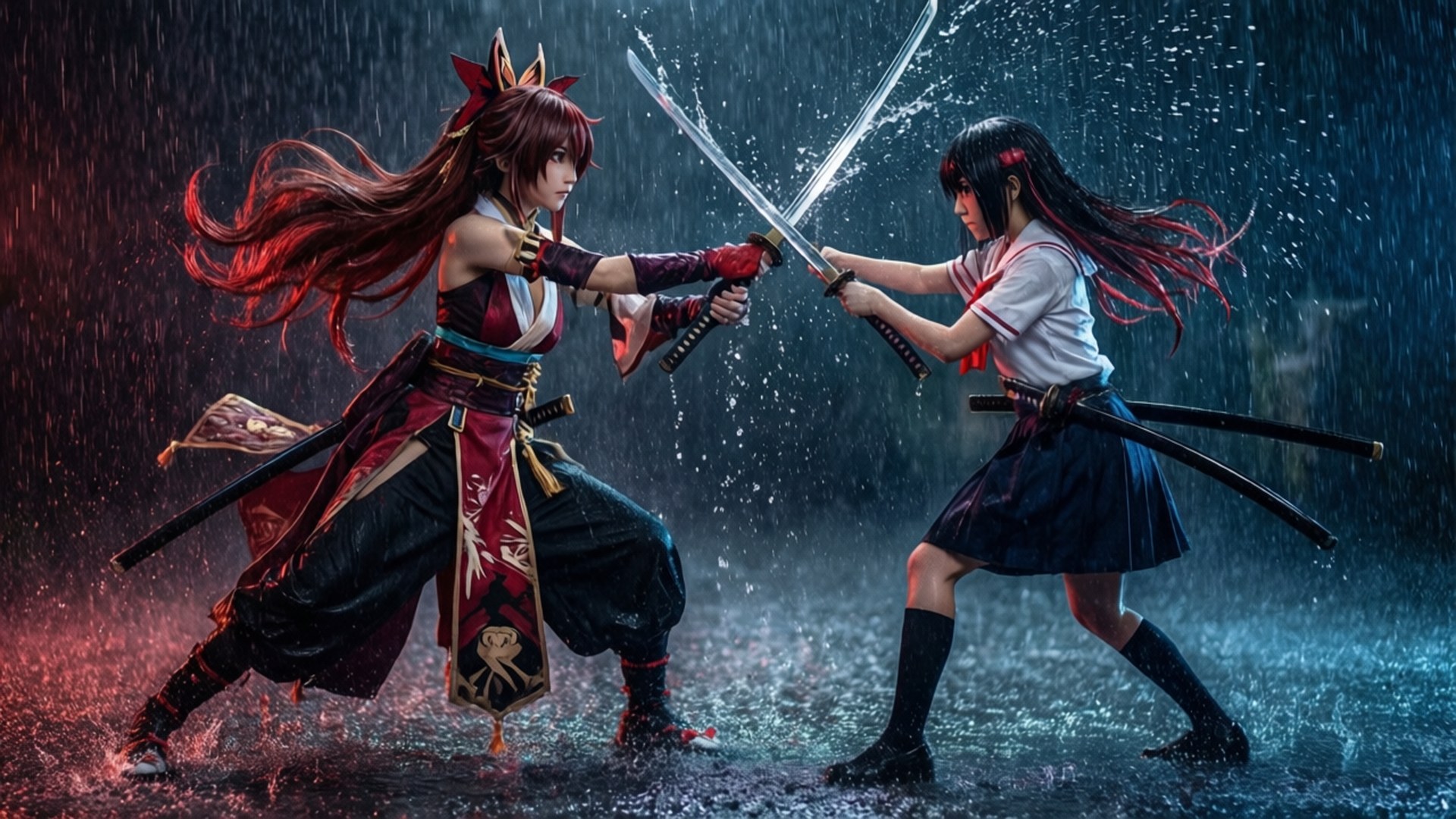 Ryuuko og Satsuki duellere i regnen Wallpapers