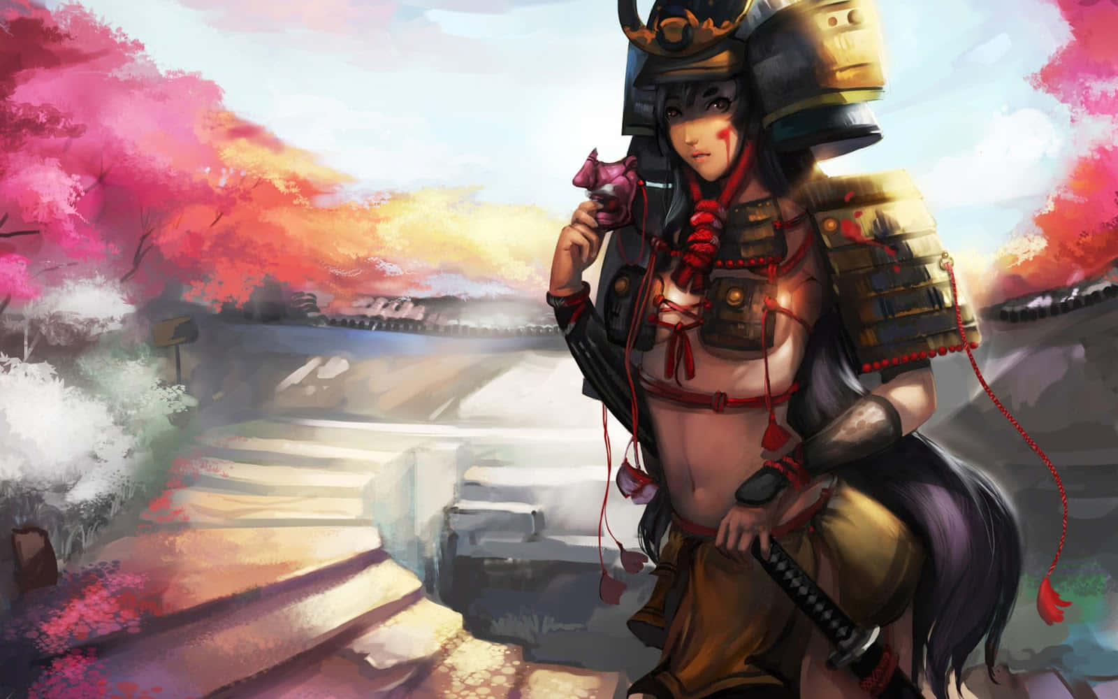 Samurai Anime Pige Rustning Katana Wallpapers