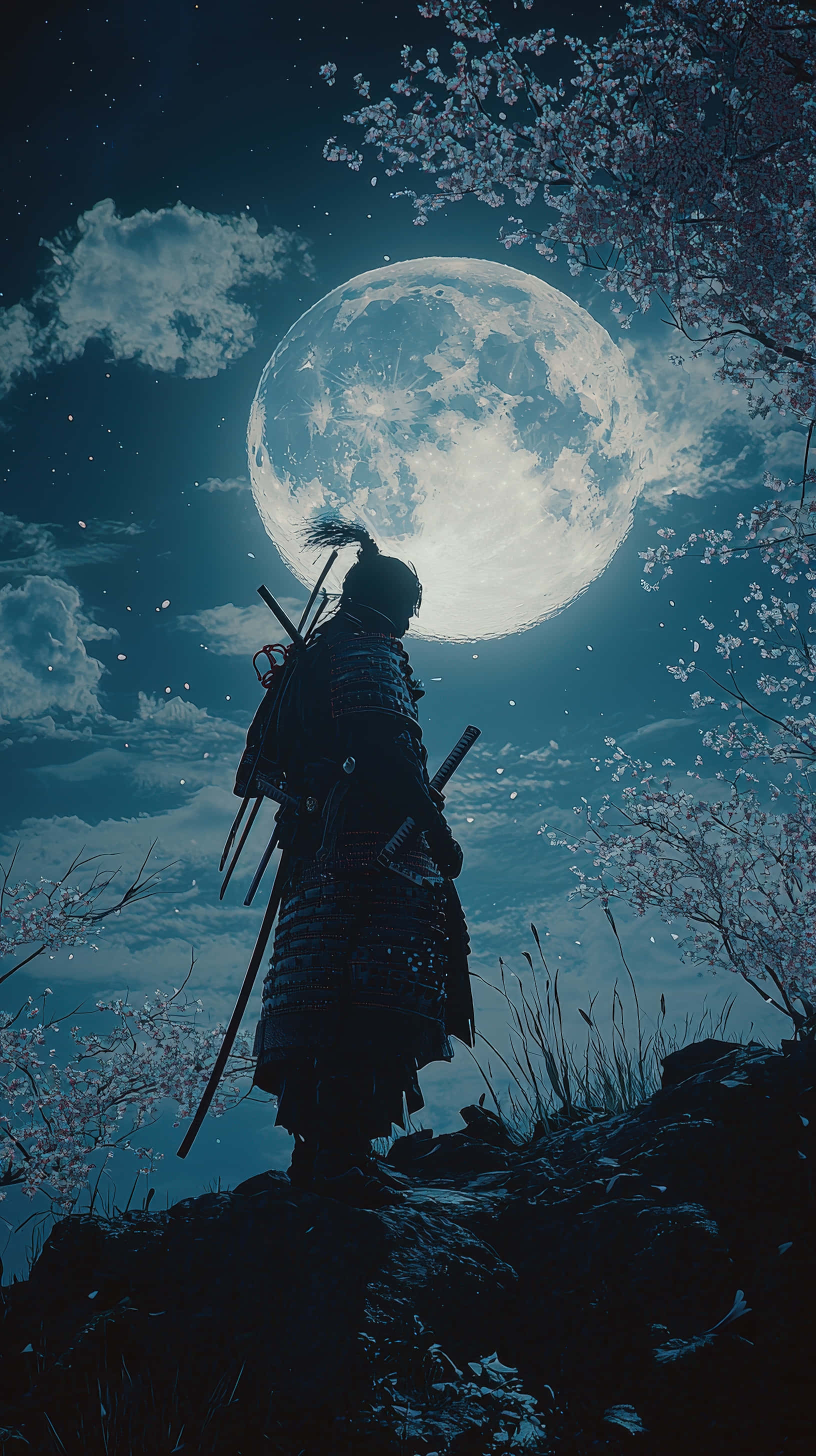 Samurai-kriger stående under fuldmånen med kirsebærblomster Wallpapers
