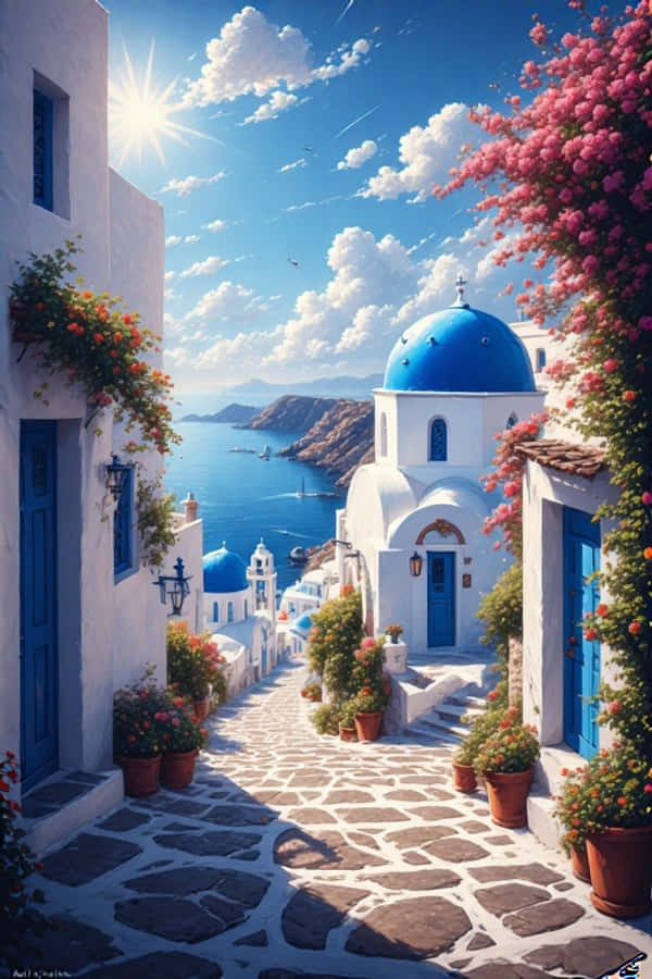 Santorini blå kupler og hvide huse Grækenland 4K Wallpapers