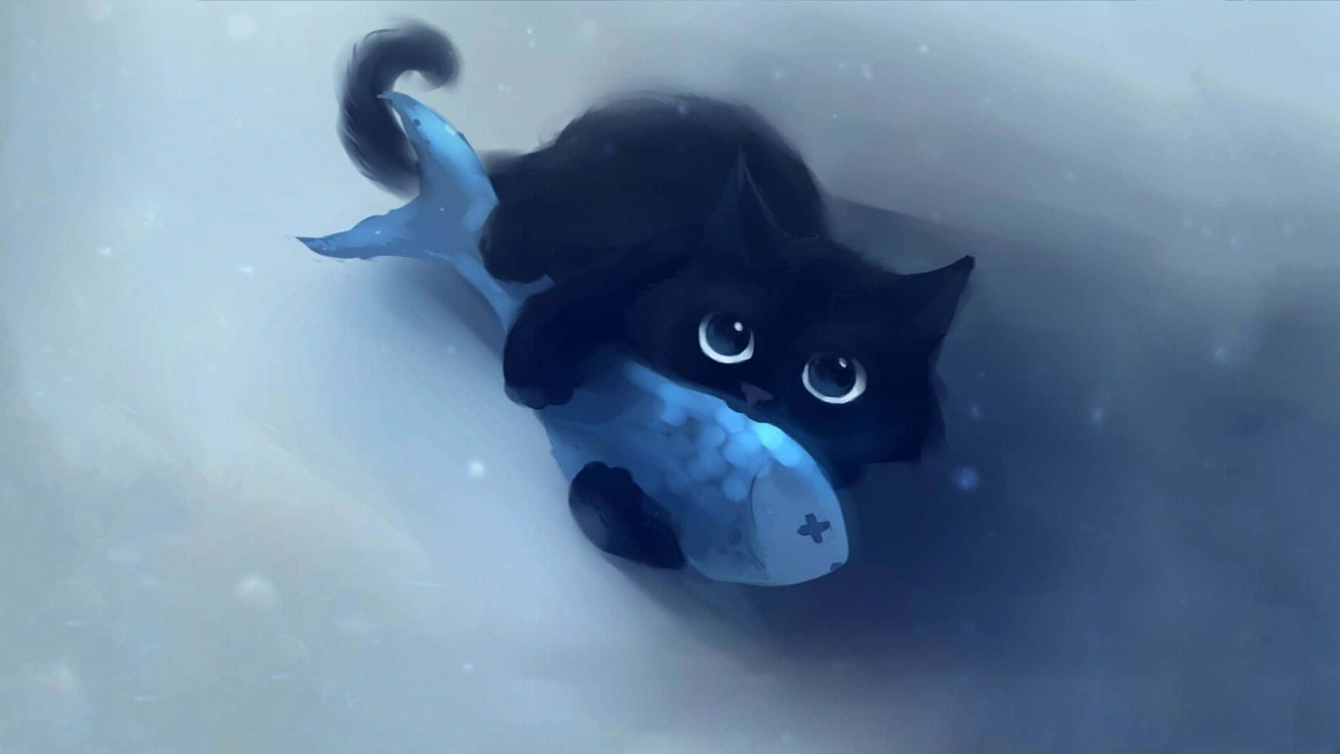 Sød anime-kat, der krammer en fisk Wallpapers