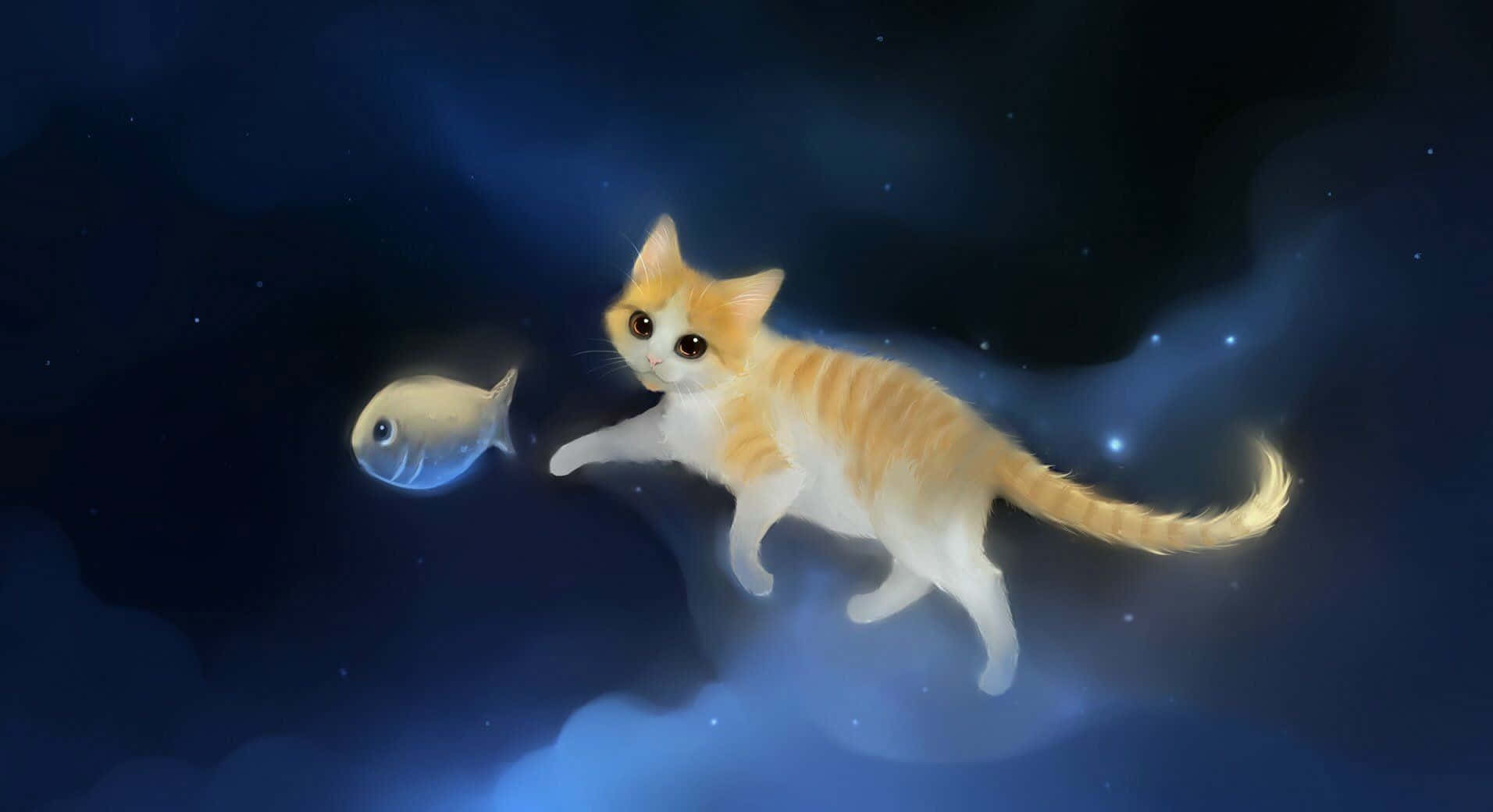 Sød anime-kat leger med en sommerfugl Wallpapers