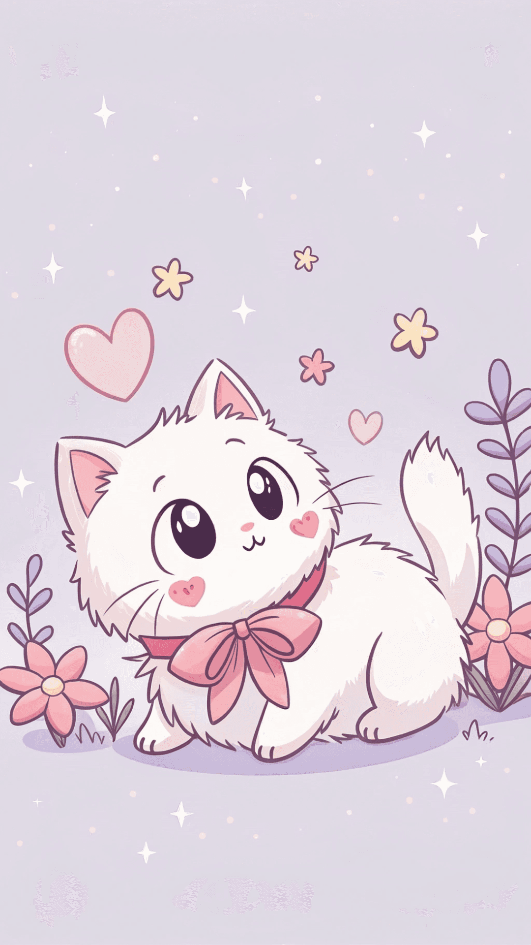 Sød chibi-kat med lyserød sløjfe kawaii kunst Wallpapers