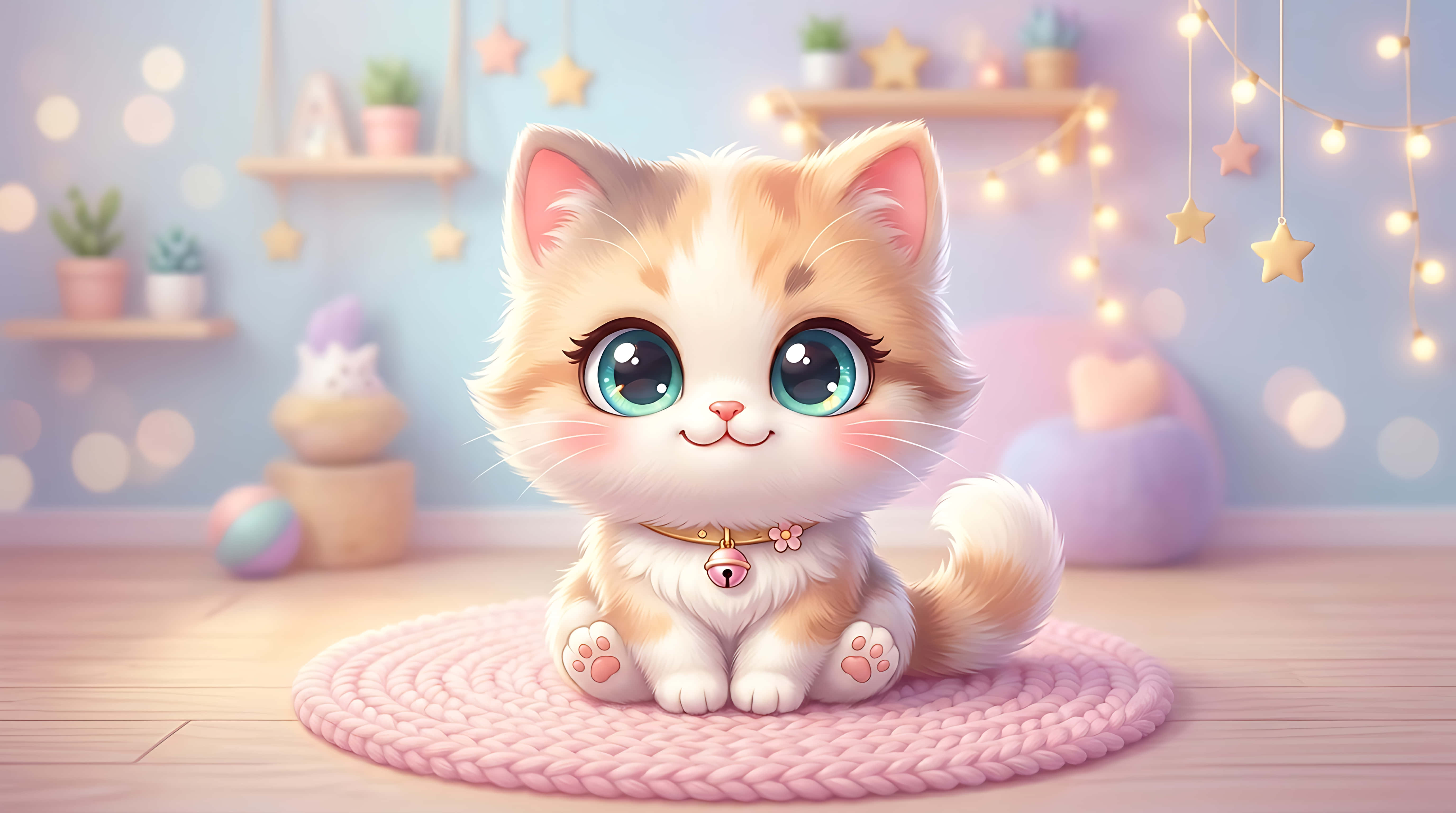 Sød Chibi Killing med Store Øjne i Pastelværelse med Fe-lys, Sød 3D-stil Tegneserie Wallpapers