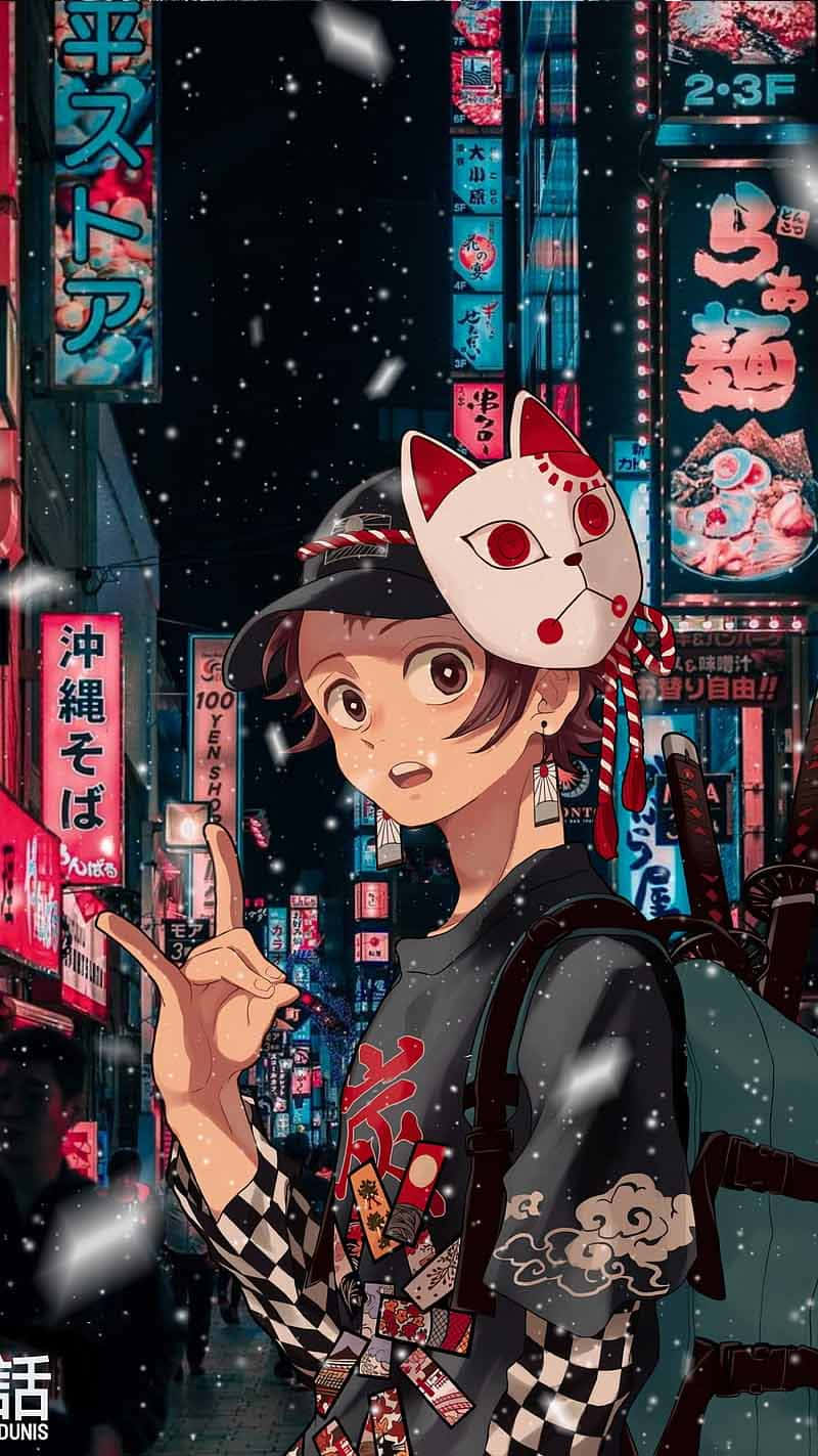 Sød Demon Slayer-karakter Tanjiro Kamado i byens natteliv Wallpapers