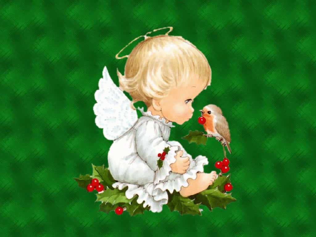 Sød engle baby med en fugl Wallpapers