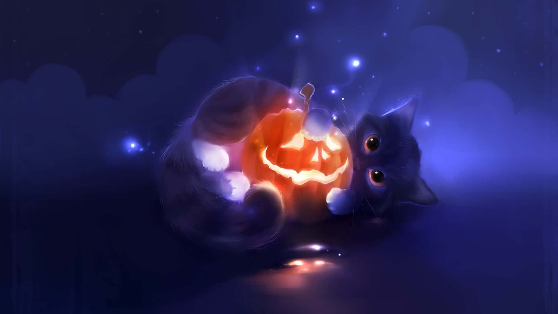 Sød Halloween-sort kat putter med græskar Wallpapers