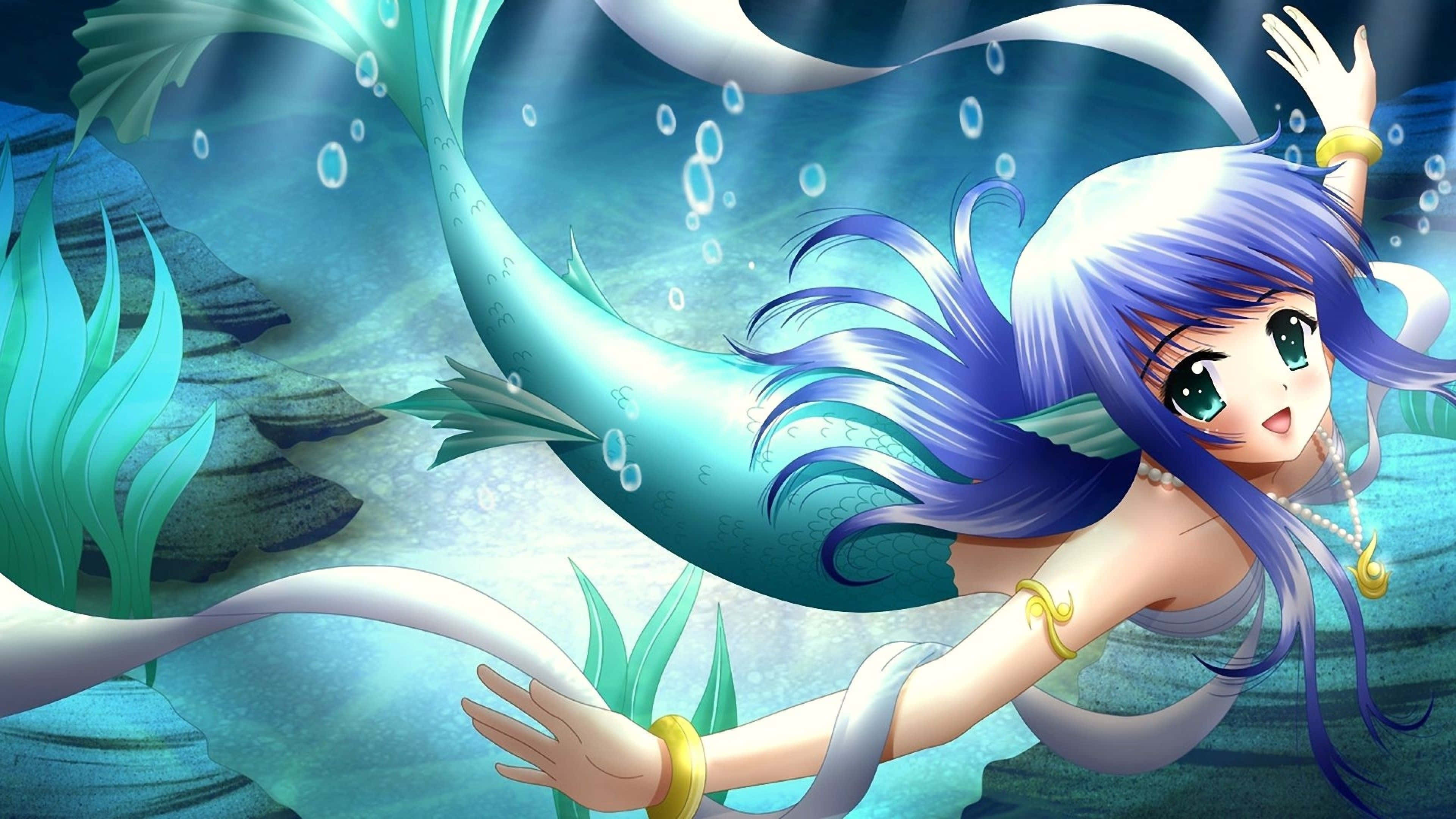 Sød havfrue anime-pige med violet hår Wallpapers