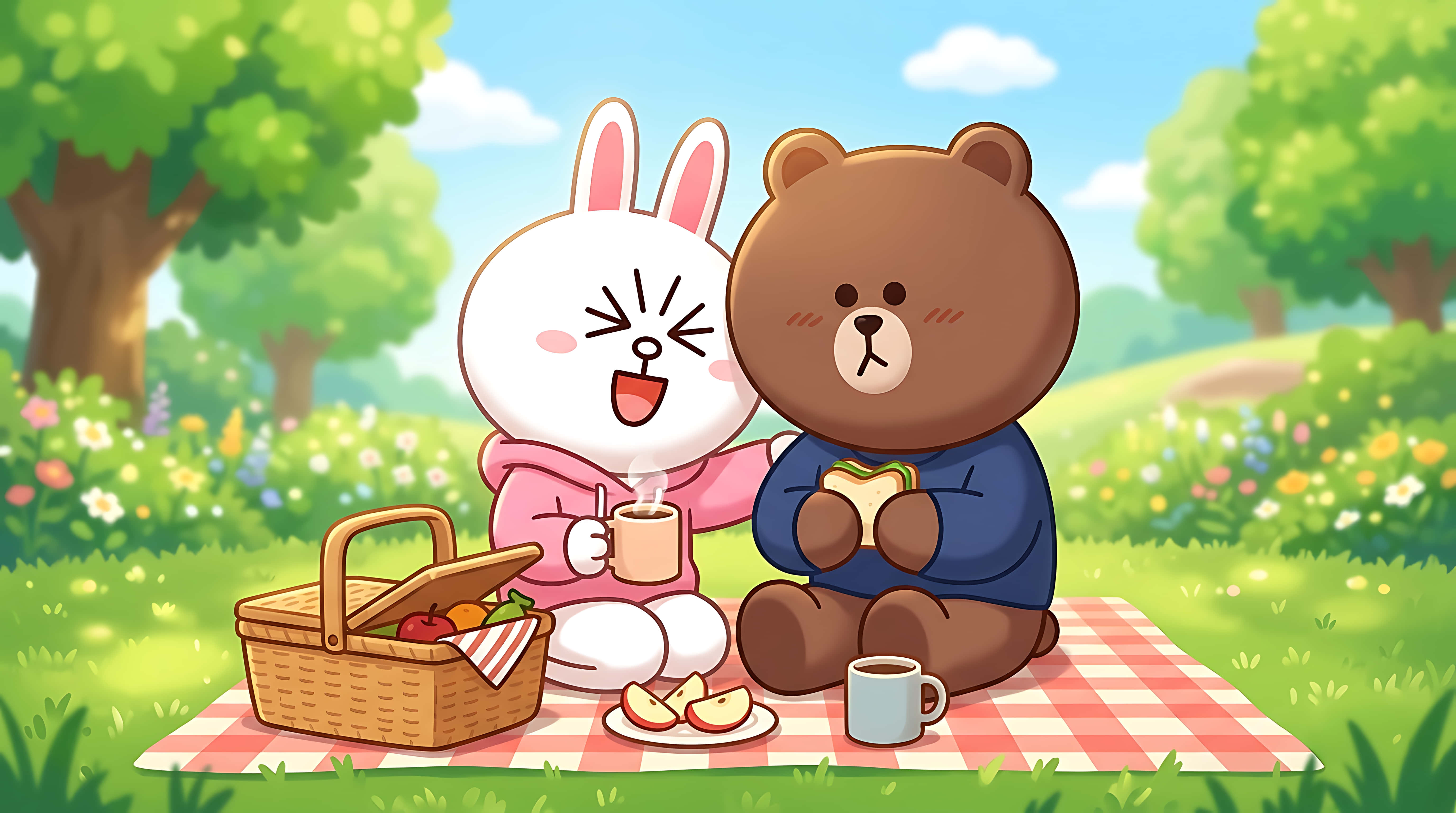 Sød kanin og bjørn holder picnick i solrig park, sød tegneserieillustration af venskab Wallpapers