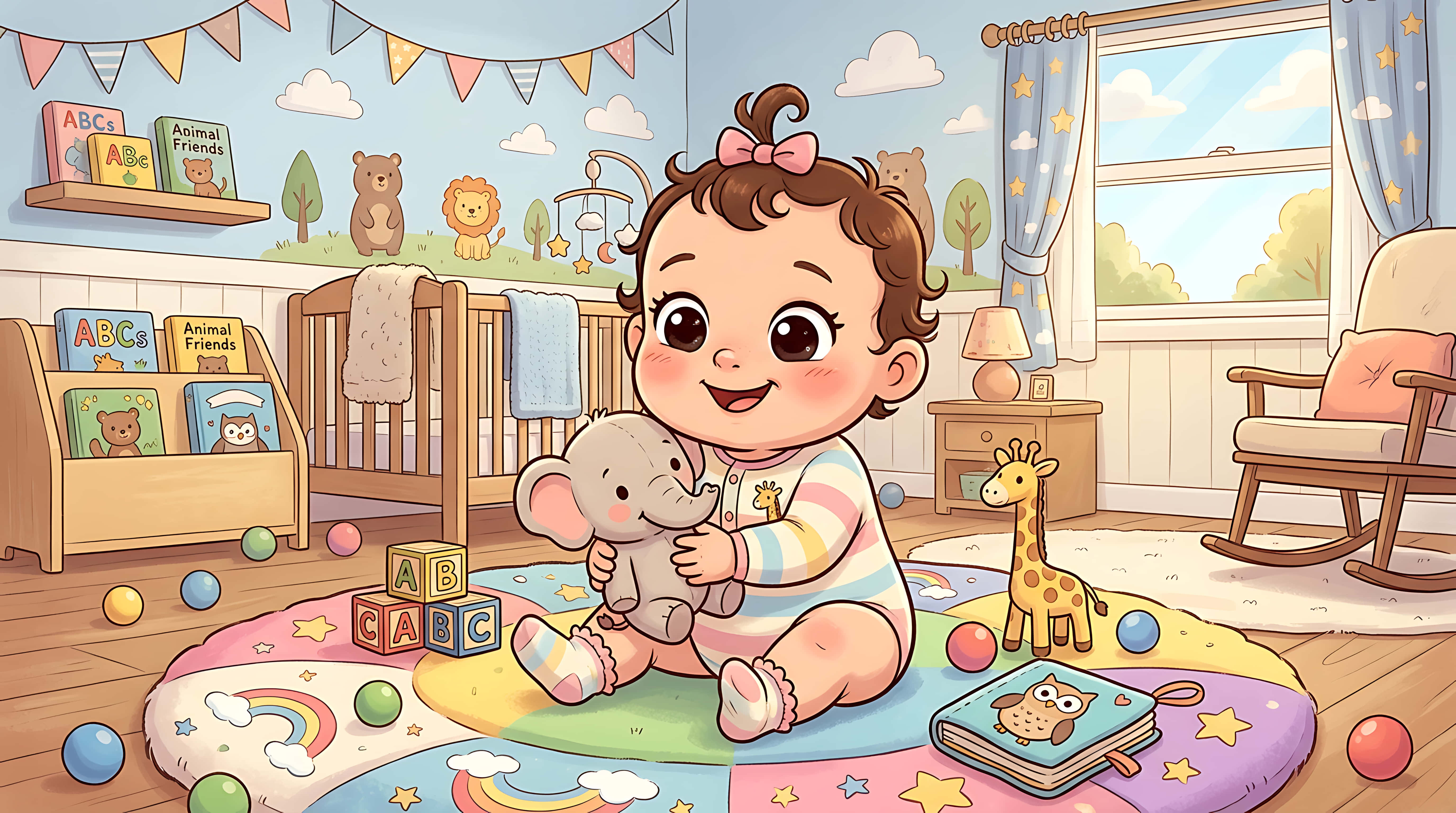 Sød lille pige sidder i pastelvuggestue med elefantbamse og legetøj, 2D tegneserieillustration Wallpapers