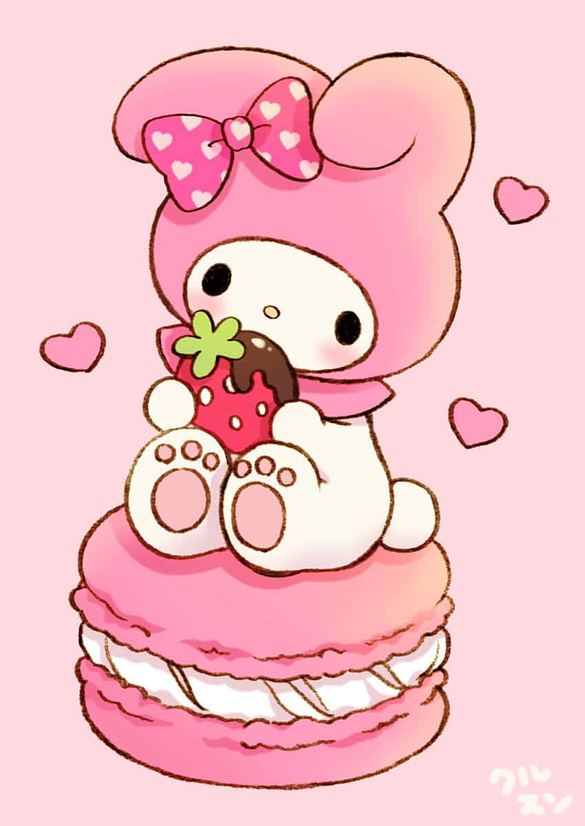 Sød My Melody spiser jordbær på macaron Wallpapers