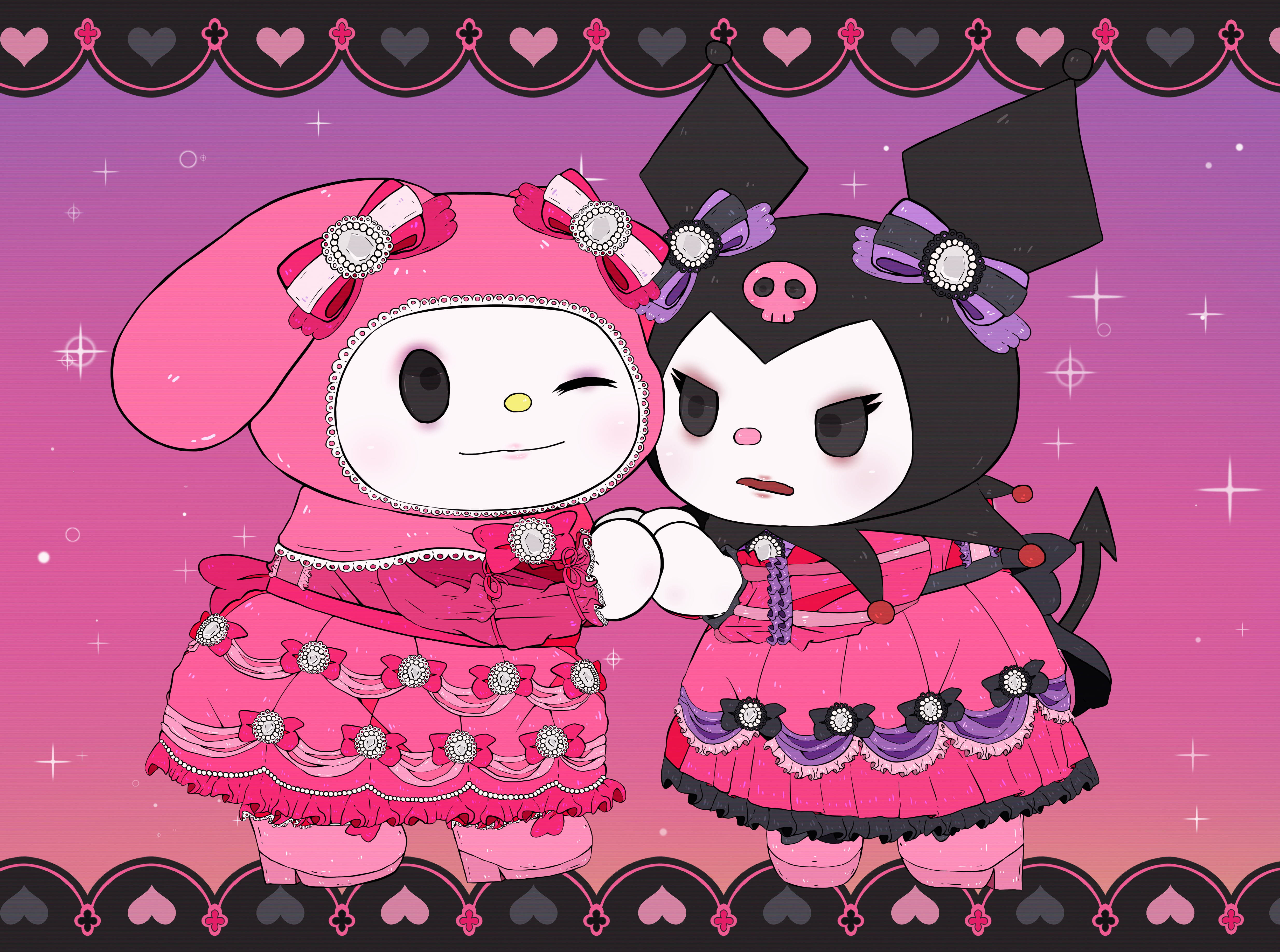 Søde My Melody og Kuromi i lyserøde kjoler Wallpapers