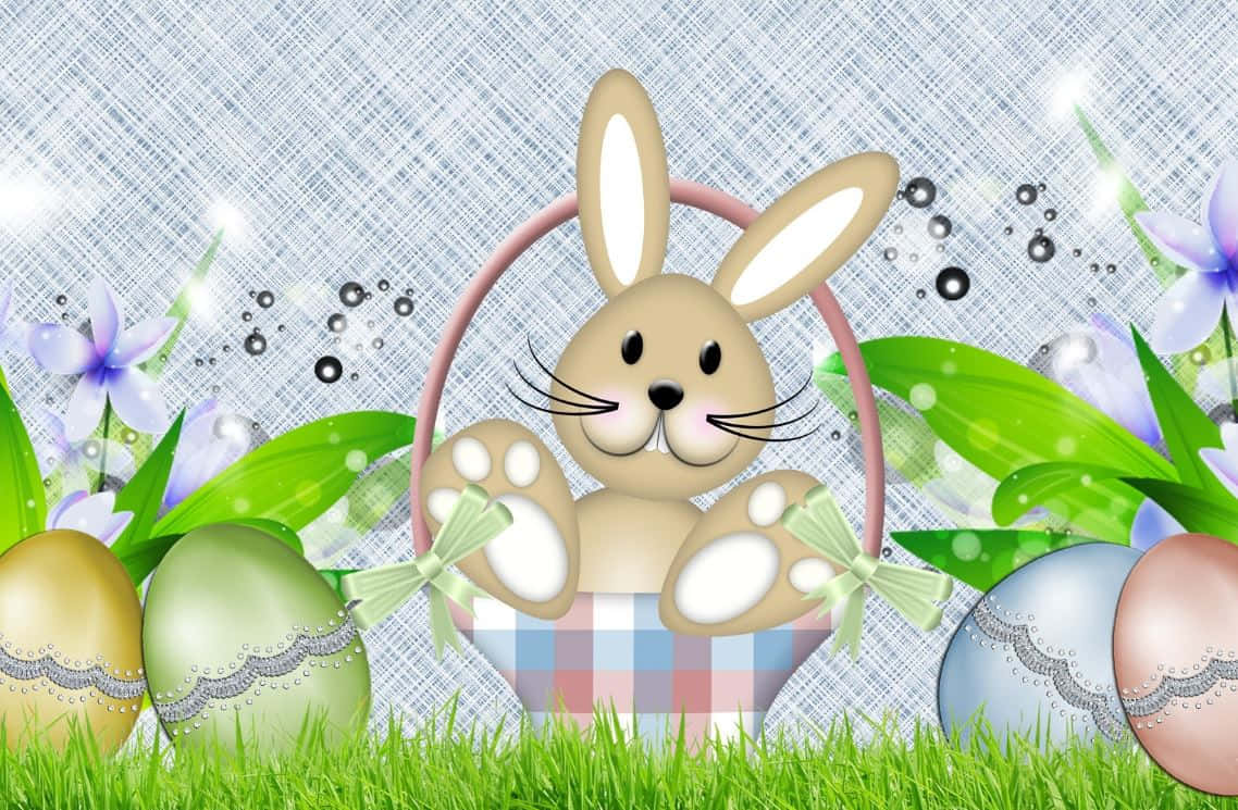 Søde påskeharer med farverige æg i en blomstrende have Wallpapers