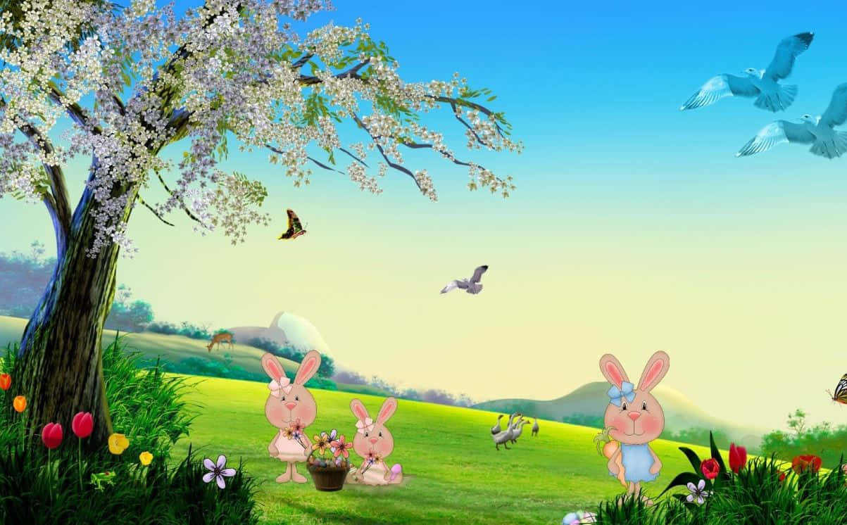 Søde påskeharer på en forårseng Wallpapers