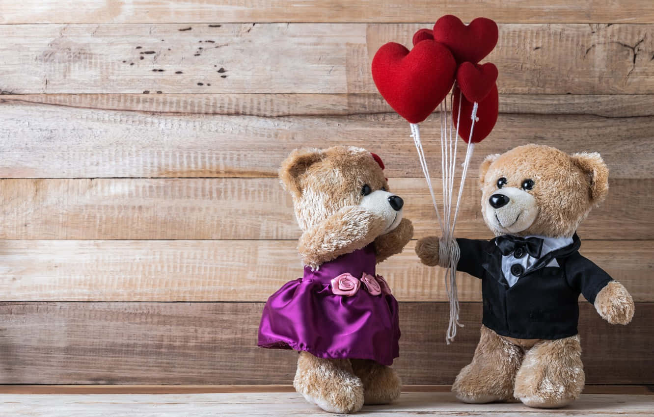 Søde Valentinsdag bamser med røde hjerteballoner Wallpapers