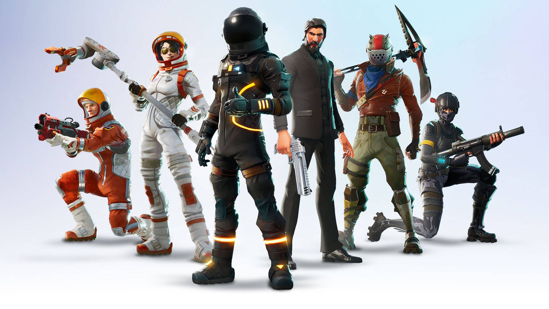 Seks seje karakterer med filmskins poserer fra spillet Fortnite på en hvid baggrund HD wallpaper. — Fortnite Wallpapers