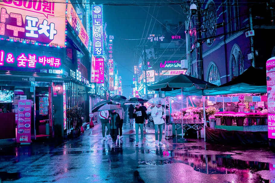 Seouls lyserøde neonby Wallpapers