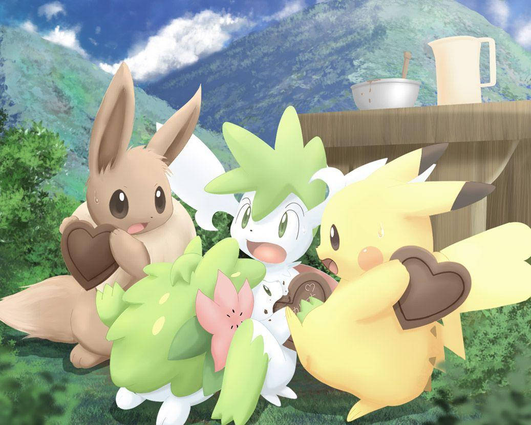Shaymin leger med Pikachu og Eevee Wallpapers