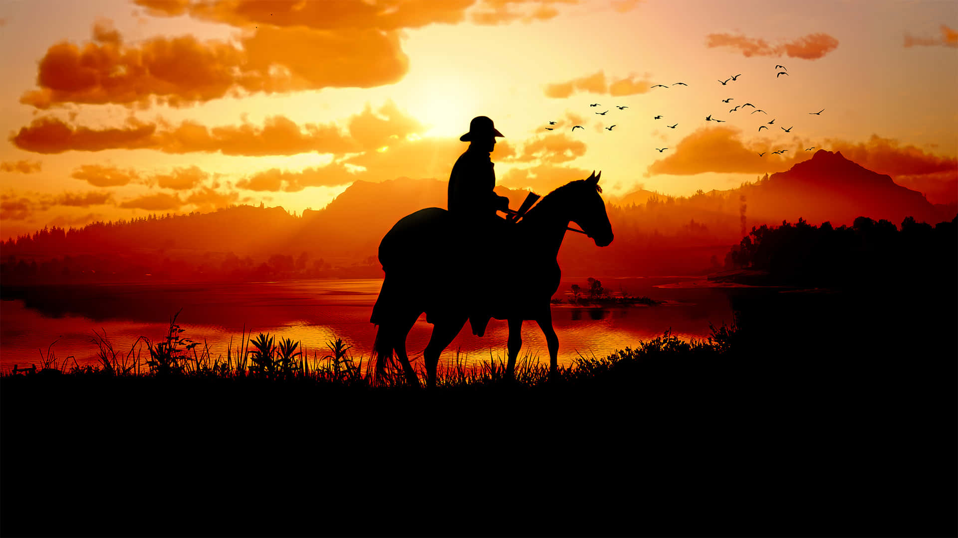 Sherif rider på hest ved solnedgang 1920x1080 Red Dead Redemption 2 Baggrund Wallpapers