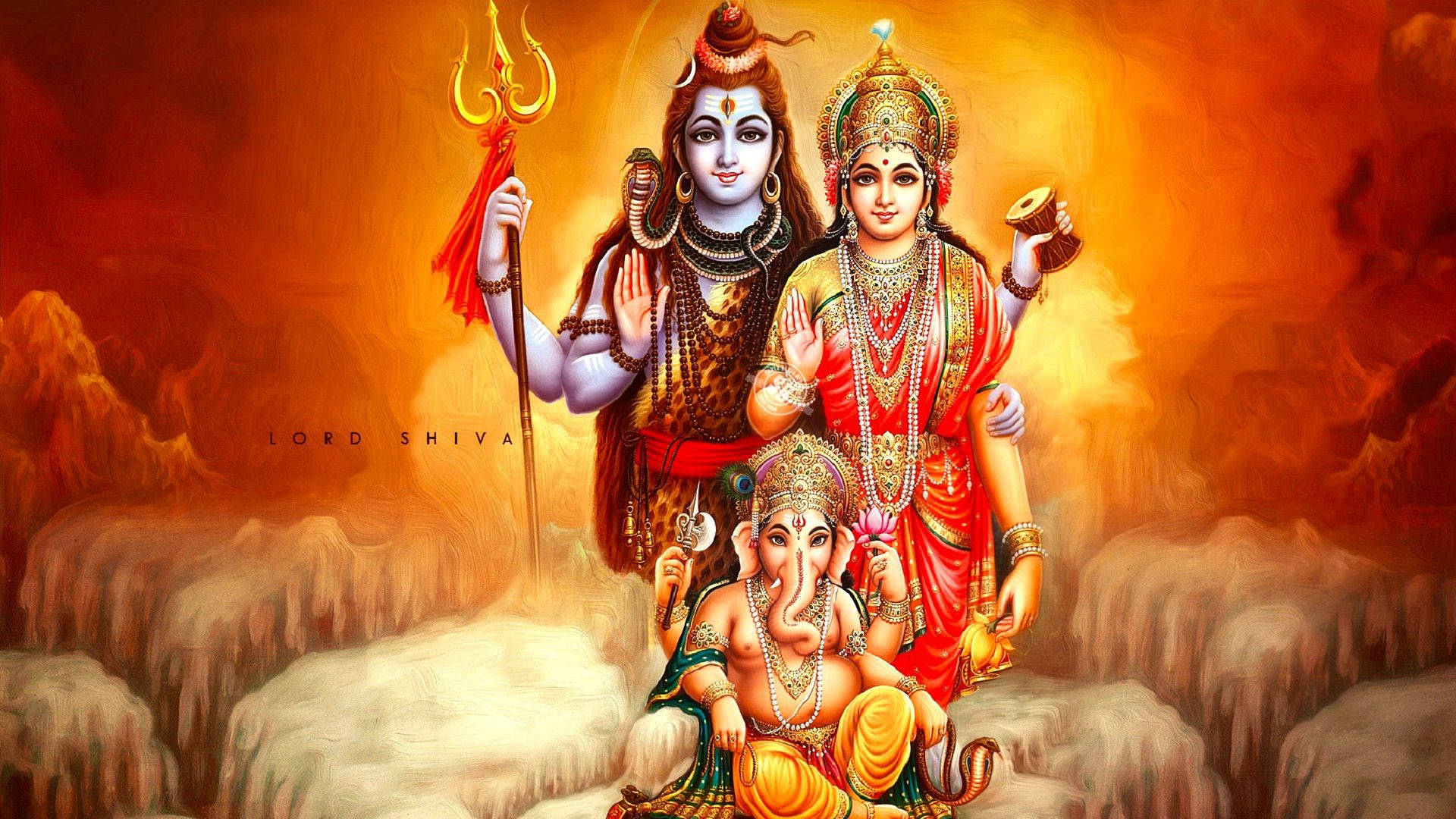 Shiva Parvati Ganesha Rød og Orange Baggrund Wallpapers