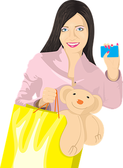 Shoppingpige med bamse og kort illustration Wallpapers