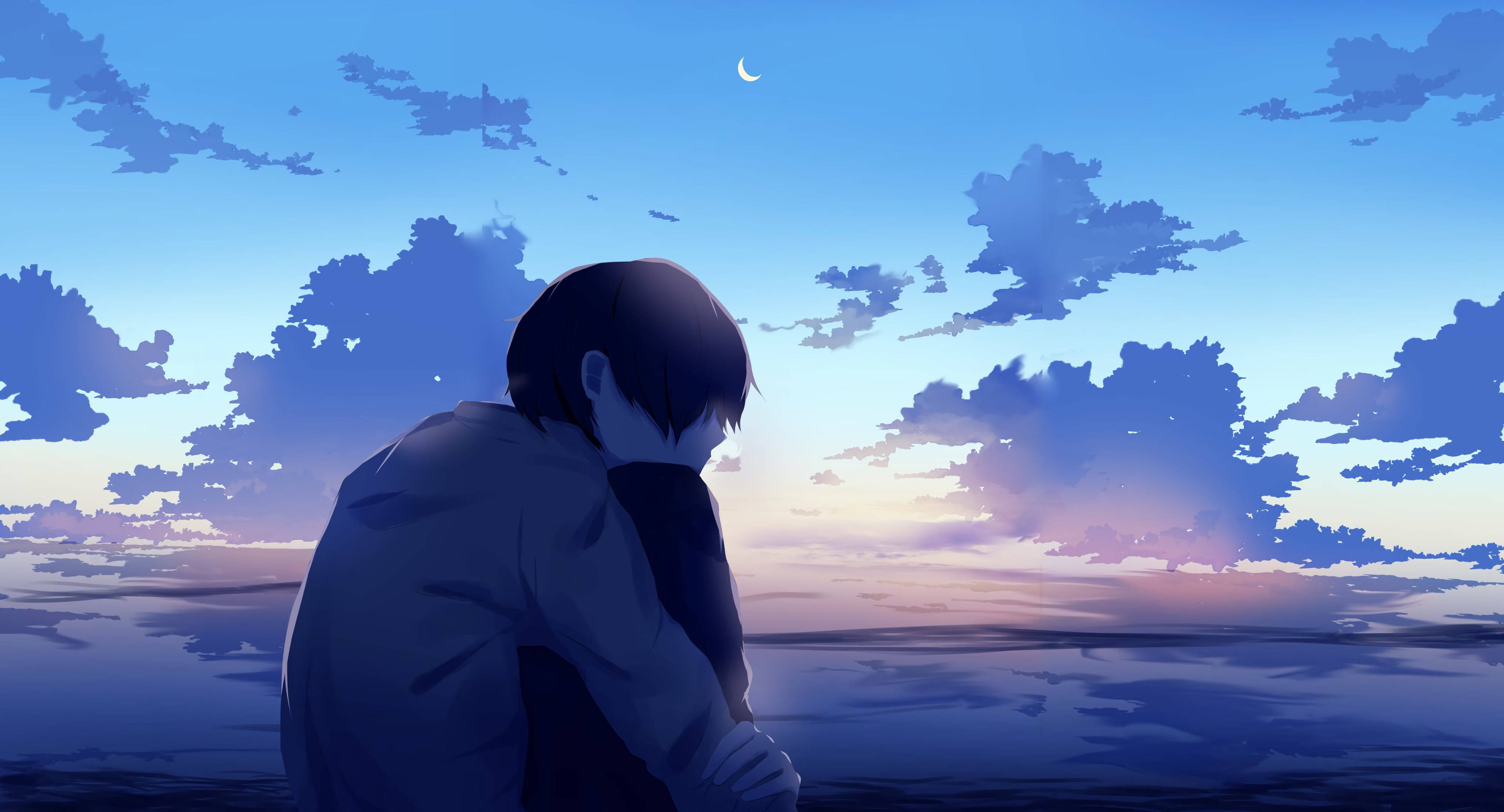 Siddende trist anime dreng 4K Wallpapers