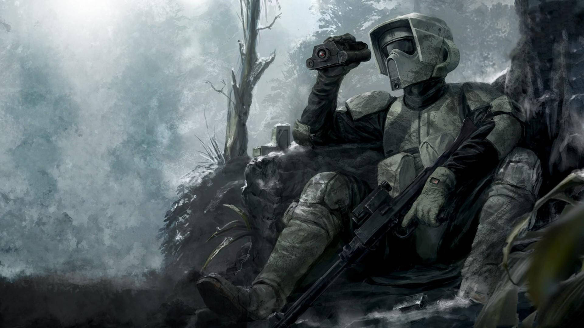 Star Wars-baggrundsbillede af Stormtrooper, der hviler og holder udkig på slagmarken — Star Wars Wallpapers