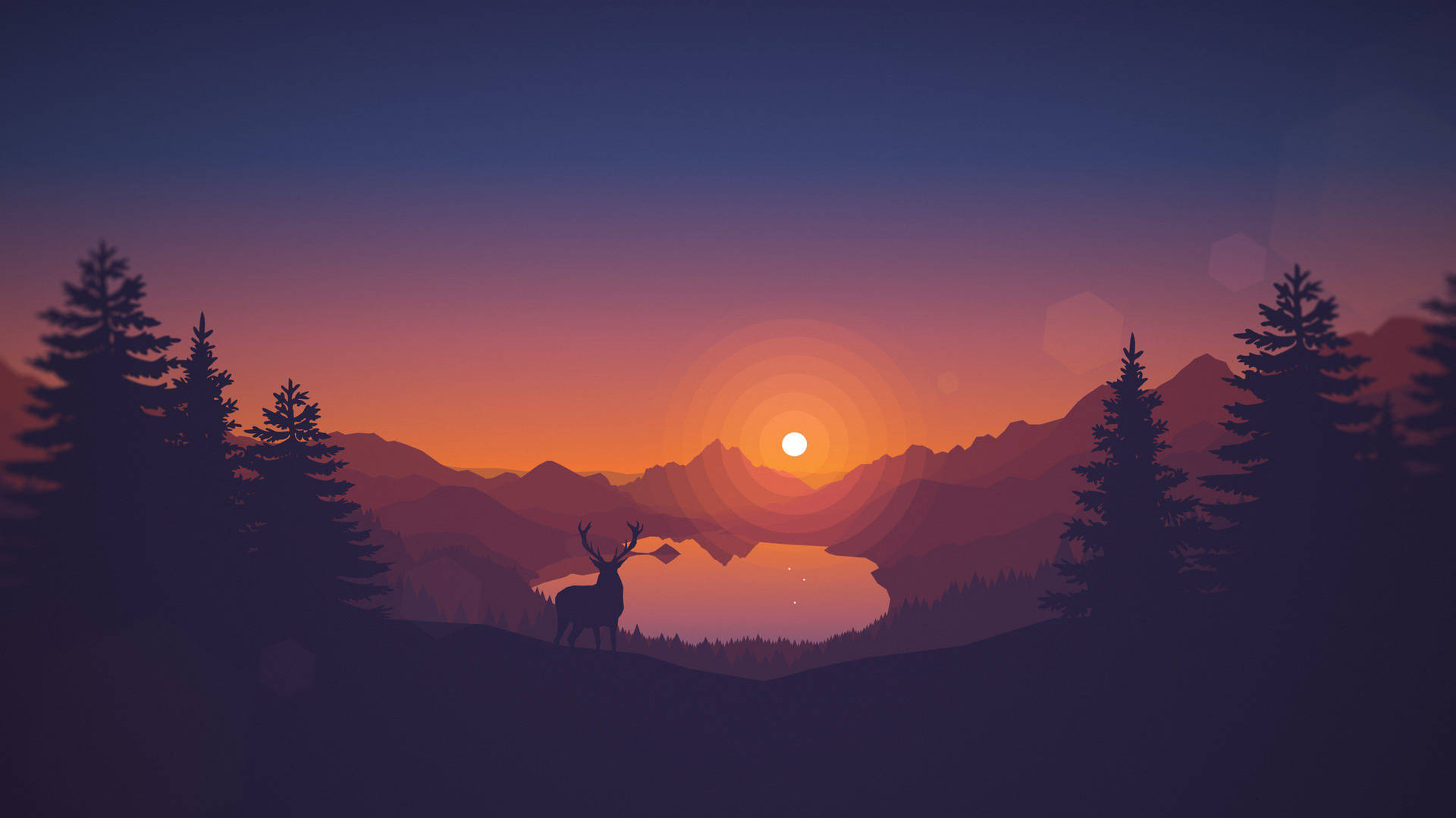 Minimalistisk wallpaper af fyrretræ, bjerge og hjort under solnedgang — Minimalistisk Wallpapers