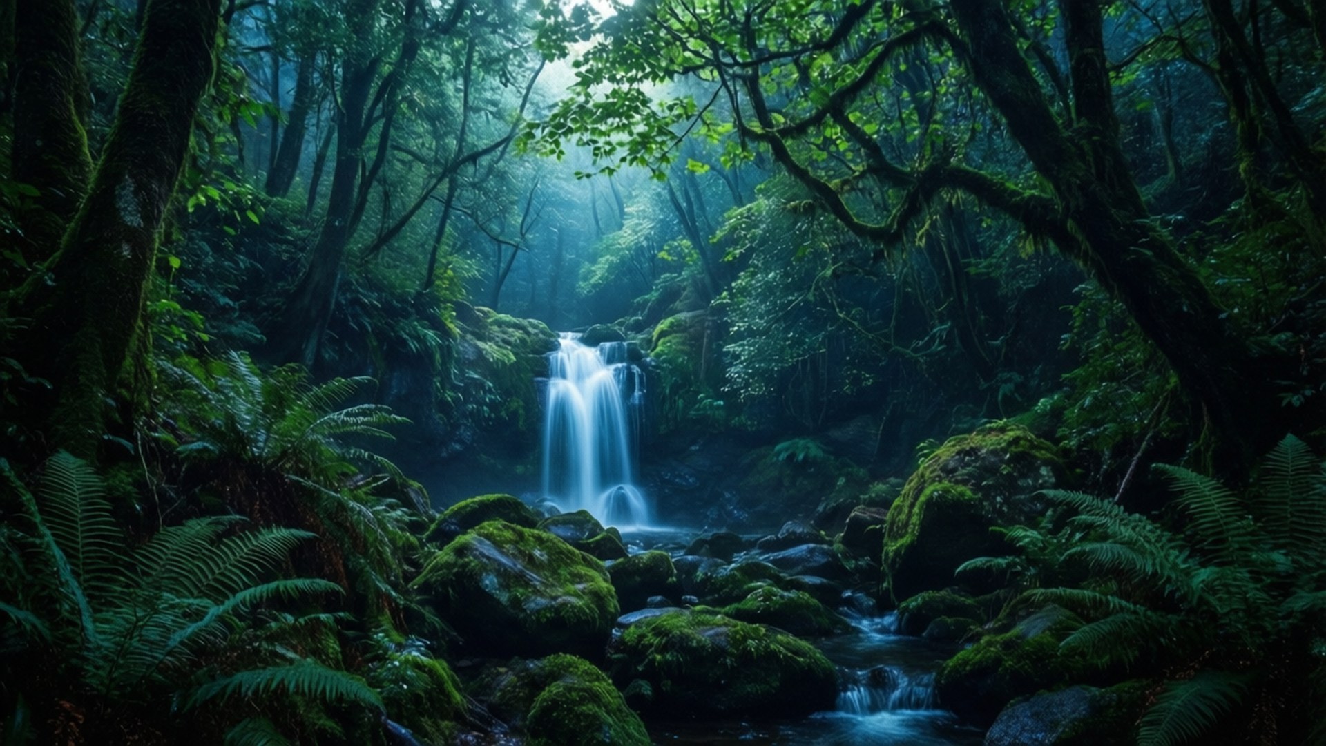 Skjult vandfald i skoven Wallpapers