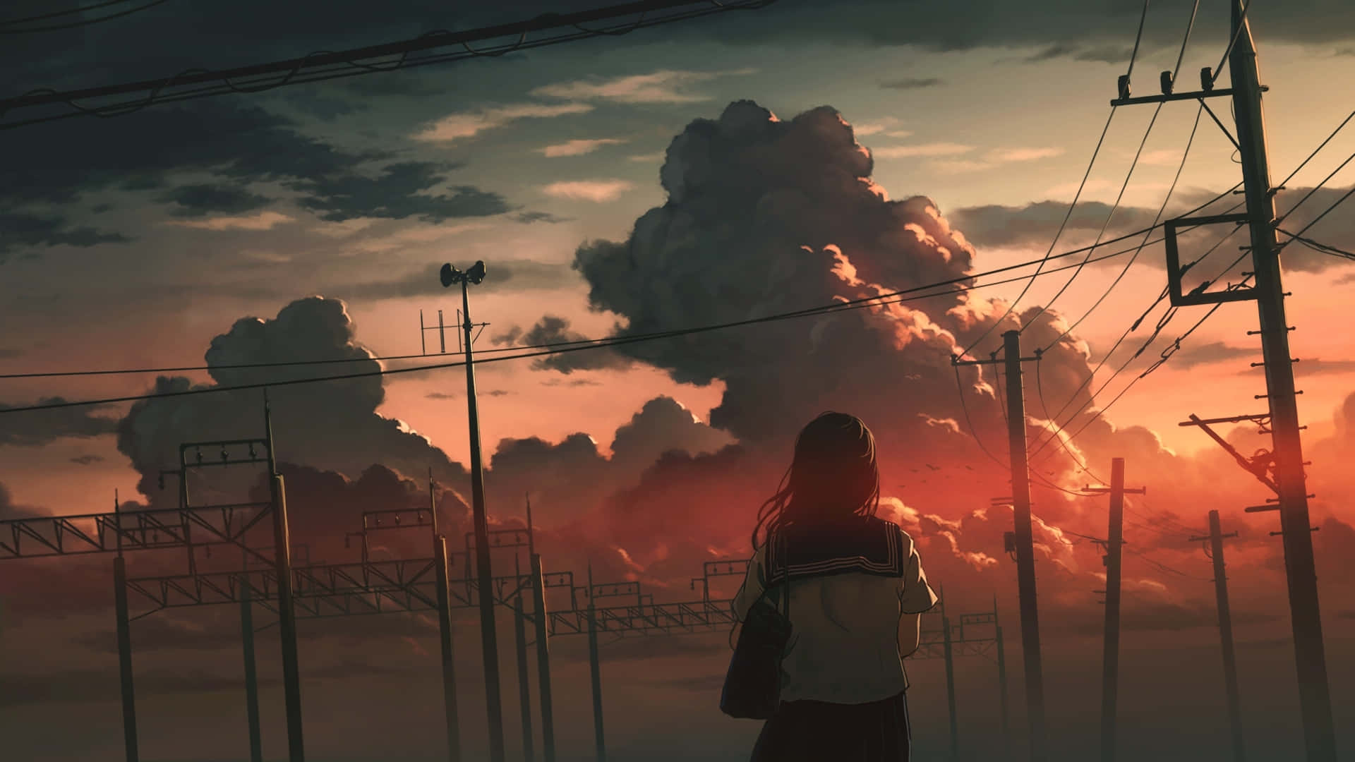 Skolepige Anime Solnedgang Skyet Himmel Wallpapers