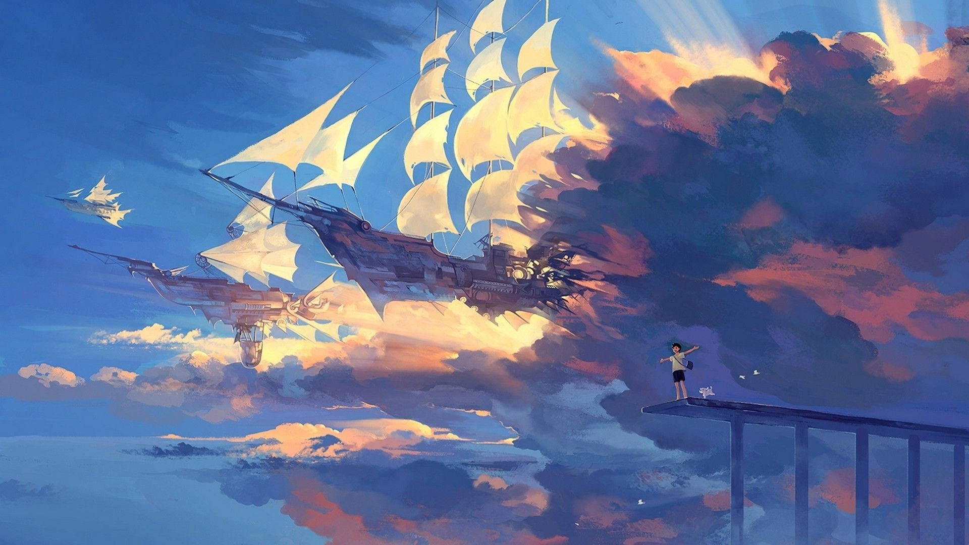 Skyship æstetisk anime kunst til skrivebord Wallpapers