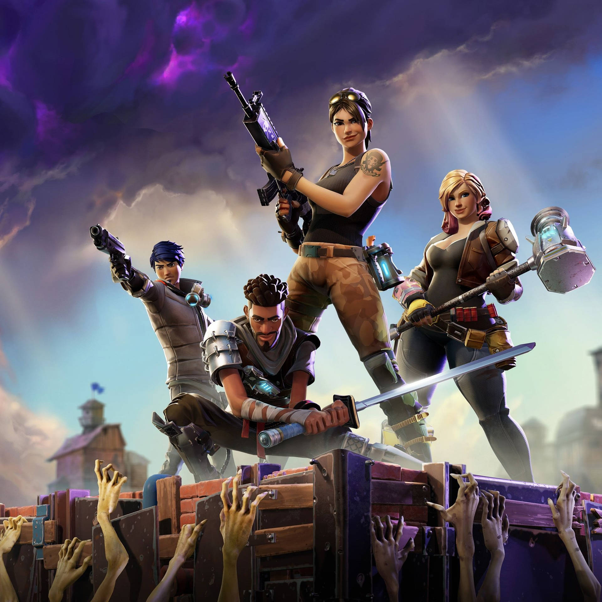 Fire krigere kæmper for overlevelse mod monstre i spillet Fortnite HD wallpaper. — Fortnite Wallpapers