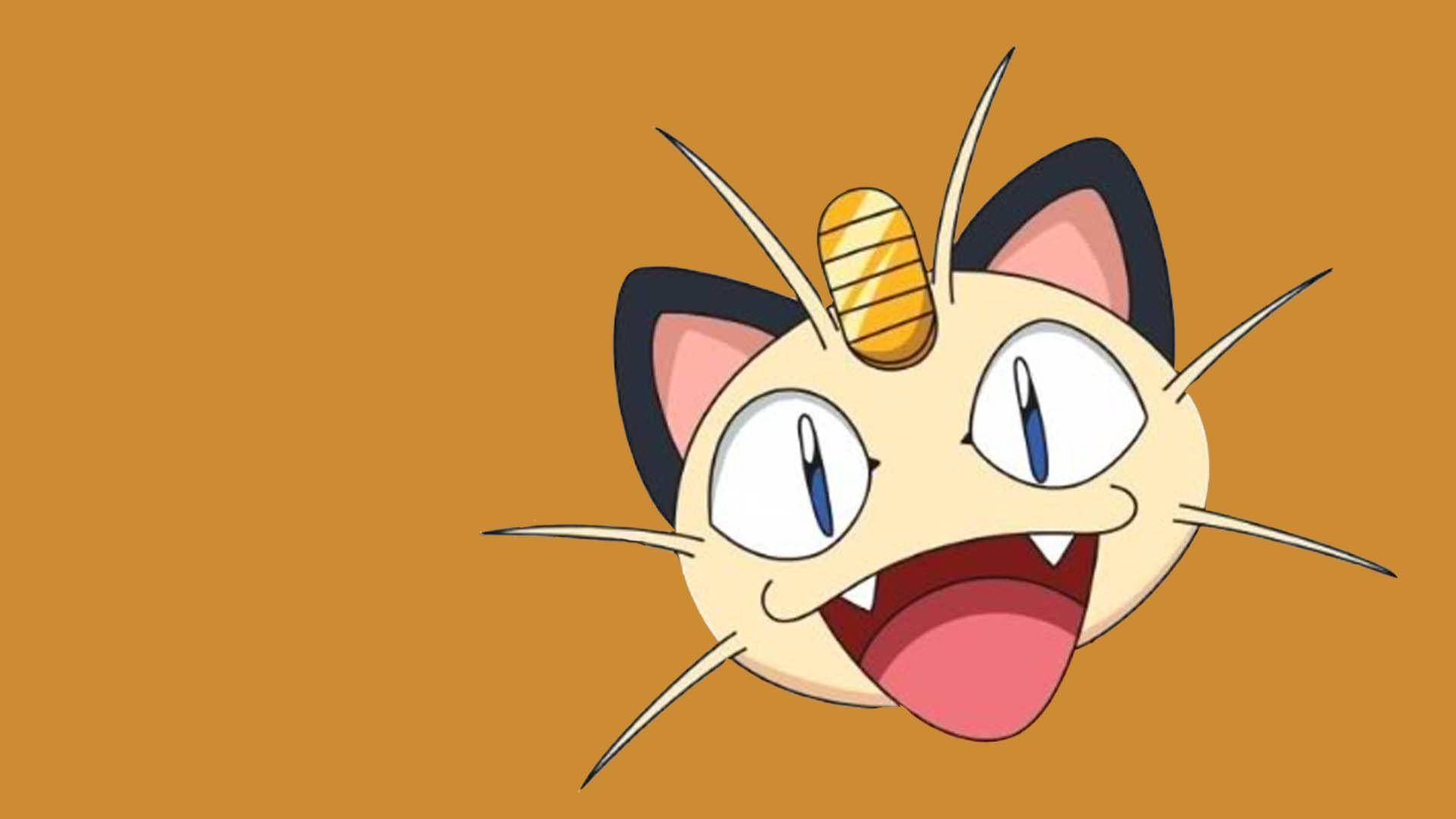 Smilende Meowth med orange baggrund Wallpapers