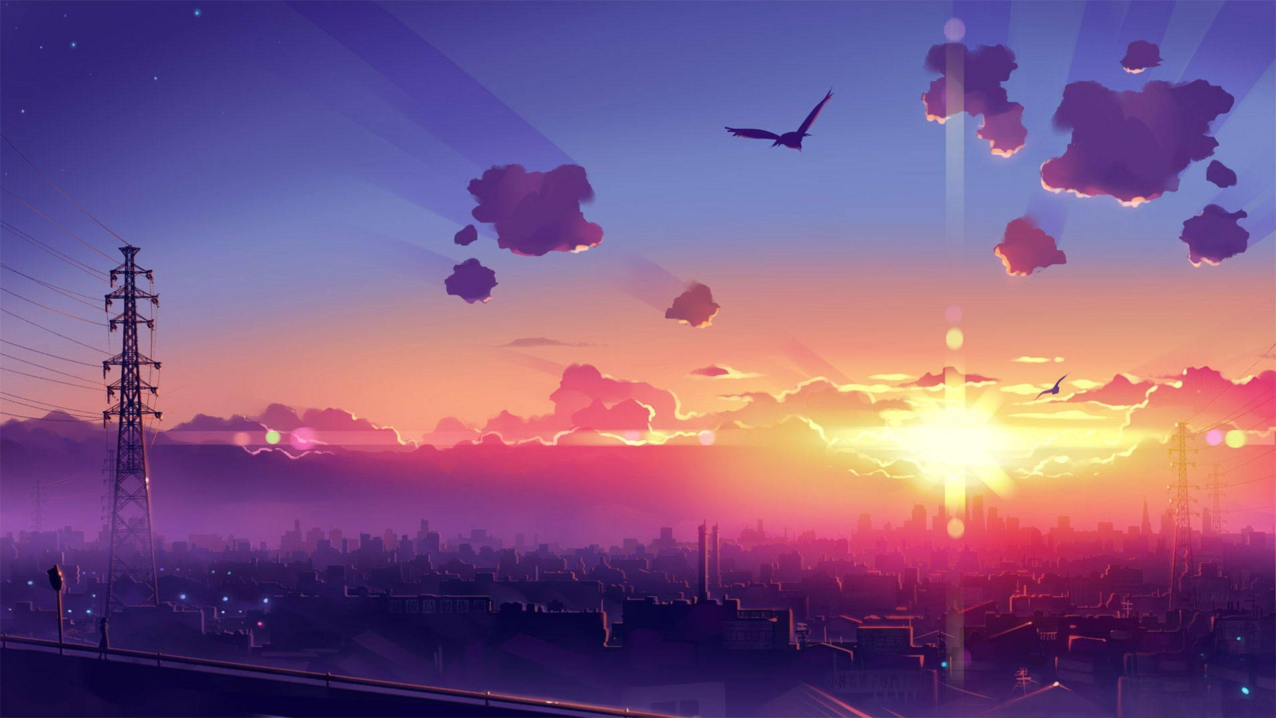Smuk anime solnedgang over byen Wallpapers