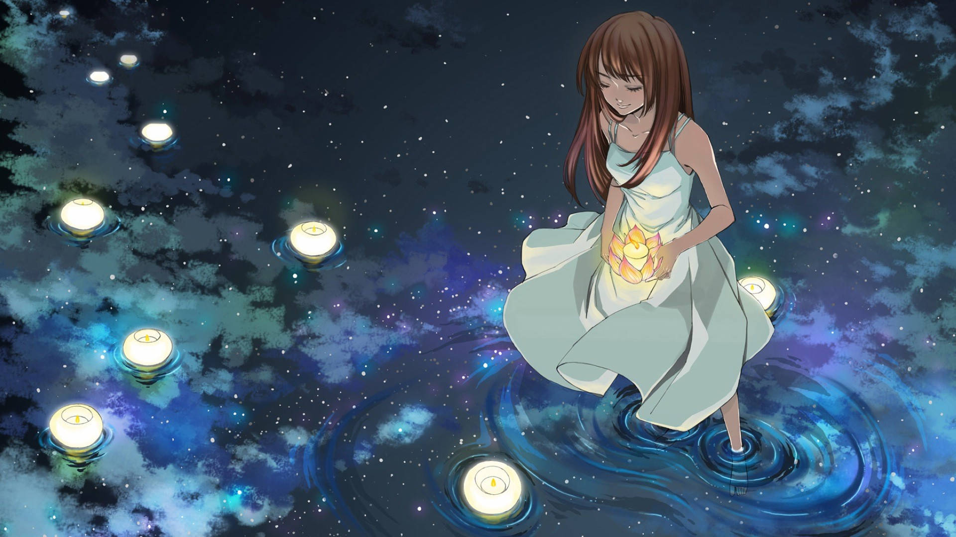 Smuk animepige ved sø Wallpapers