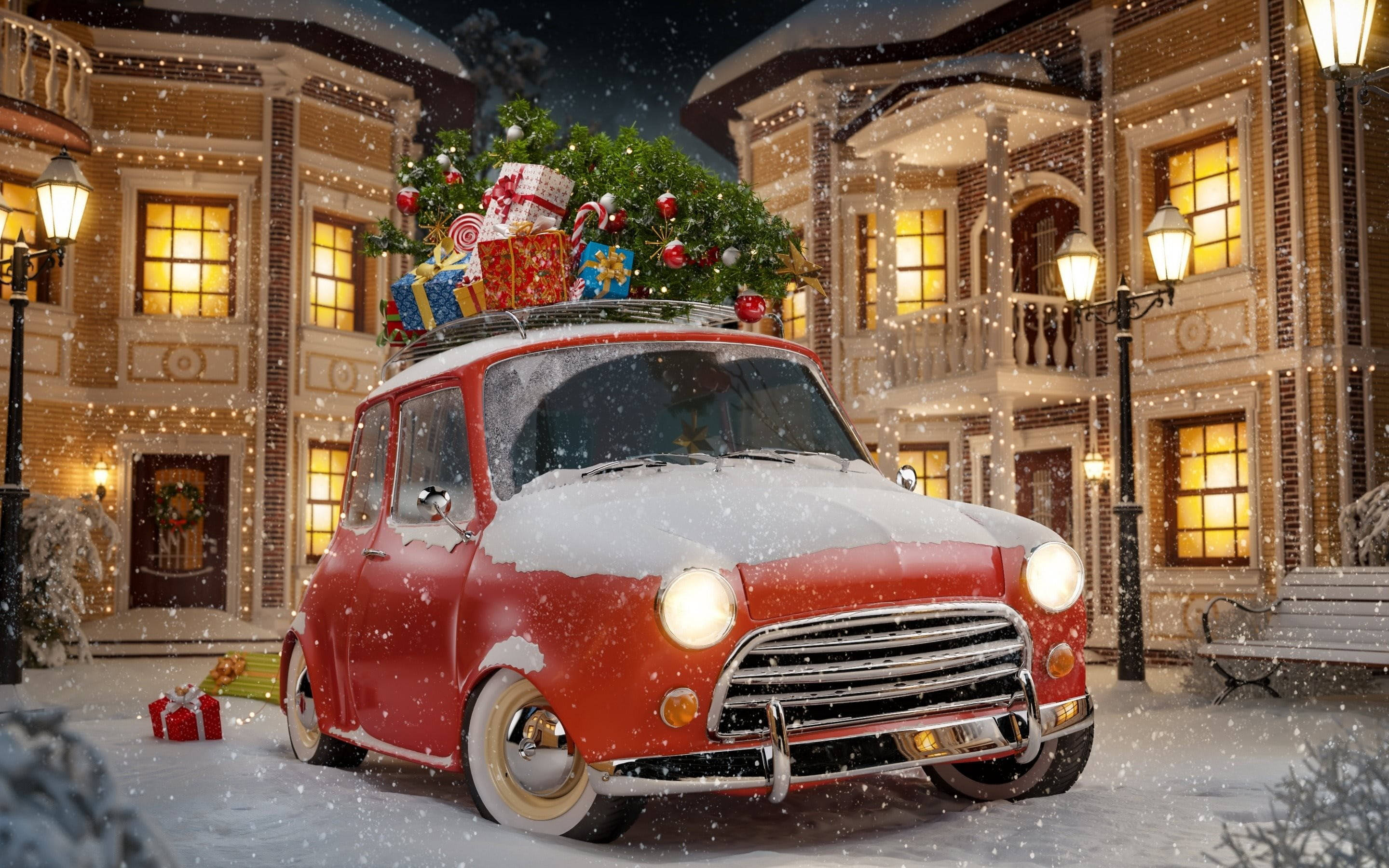 Smuk julebil med sne Wallpapers