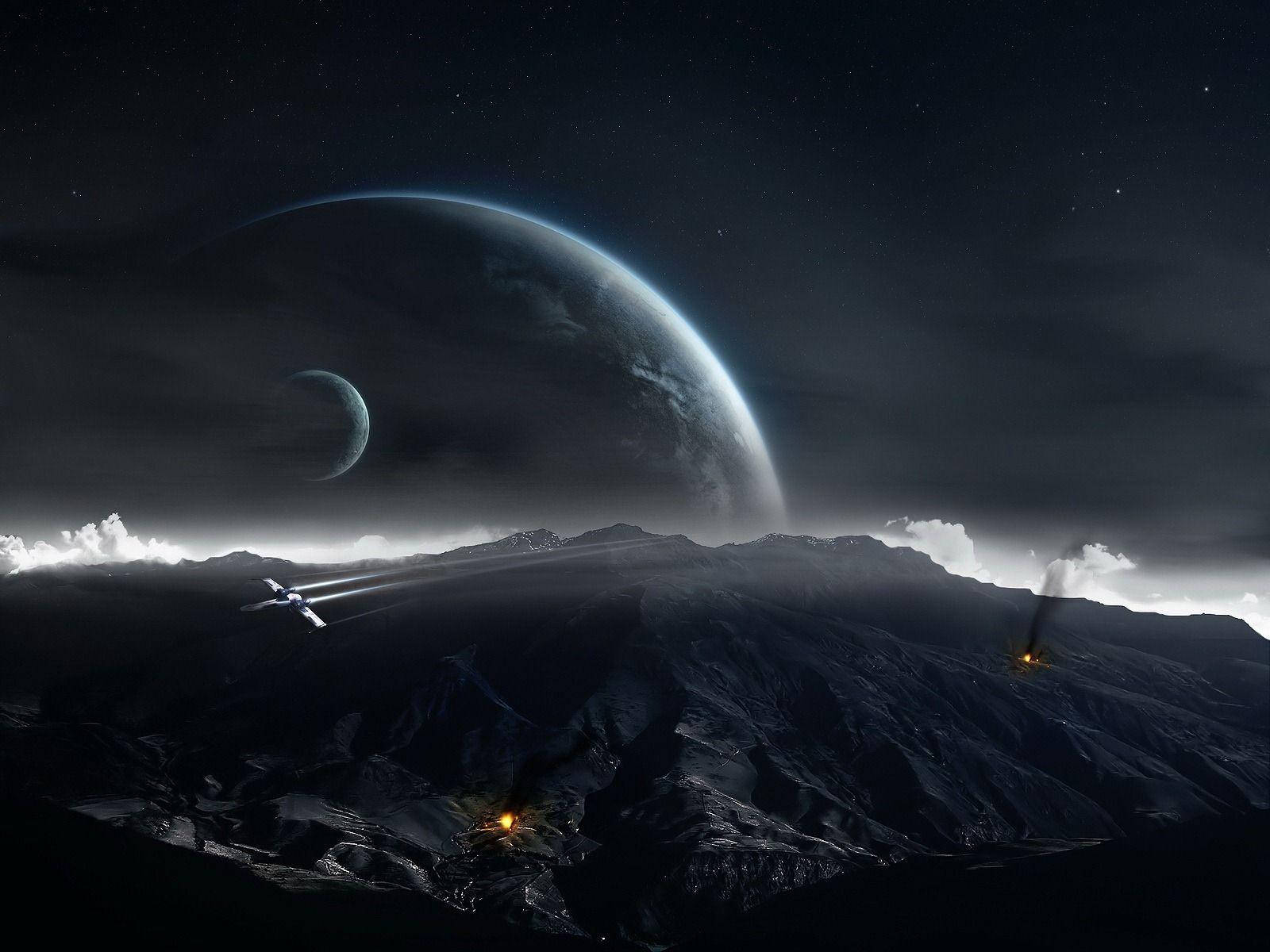 Smuk mørk bjergkæde med planeter Wallpapers
