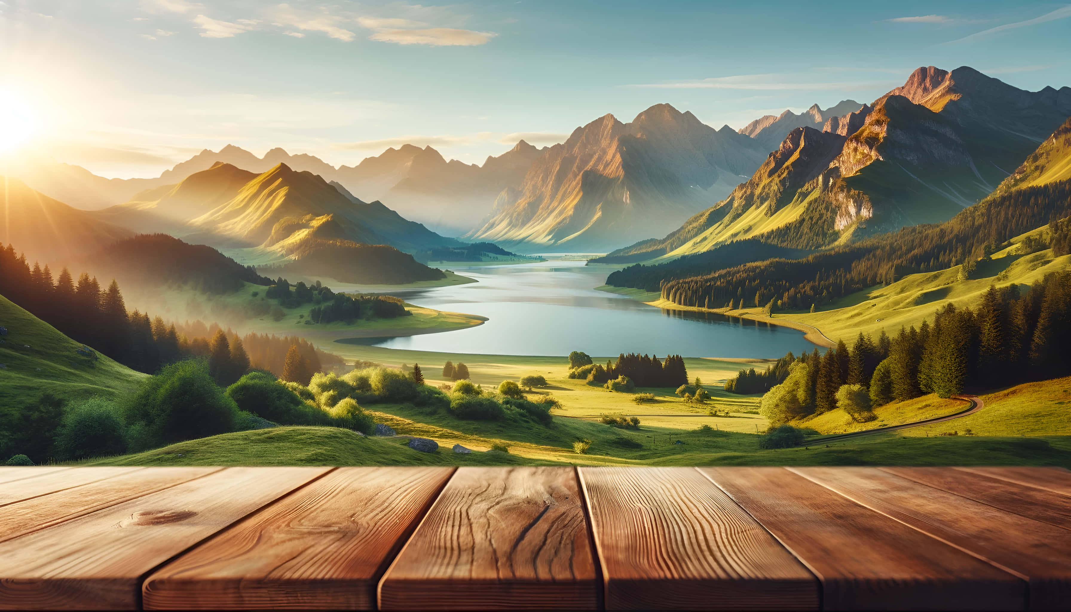 Smuk natur solskinsdag med bjerge og træer Wallpapers