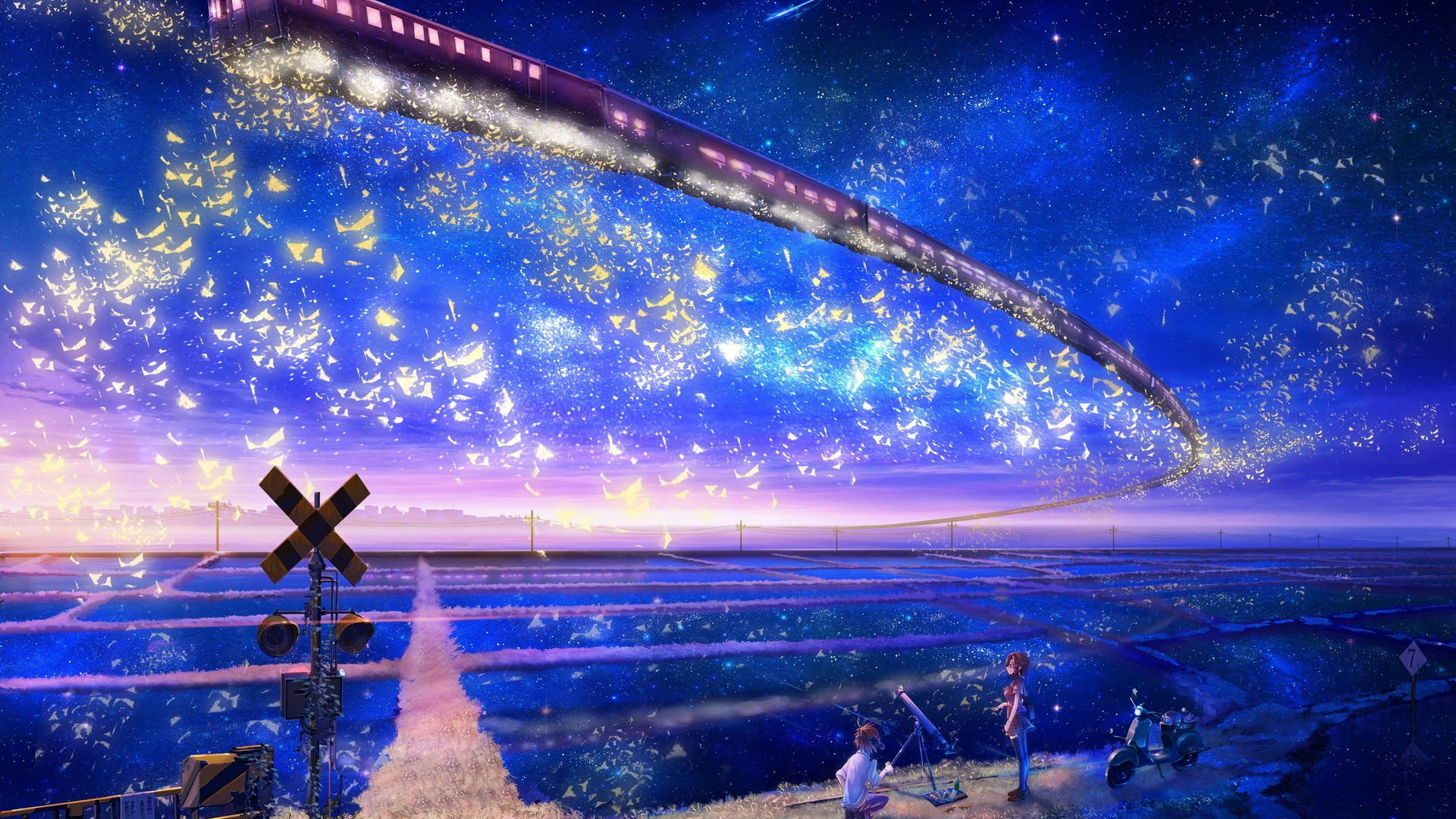 Smukt anime-par, der betragter den magiske himmel Wallpapers